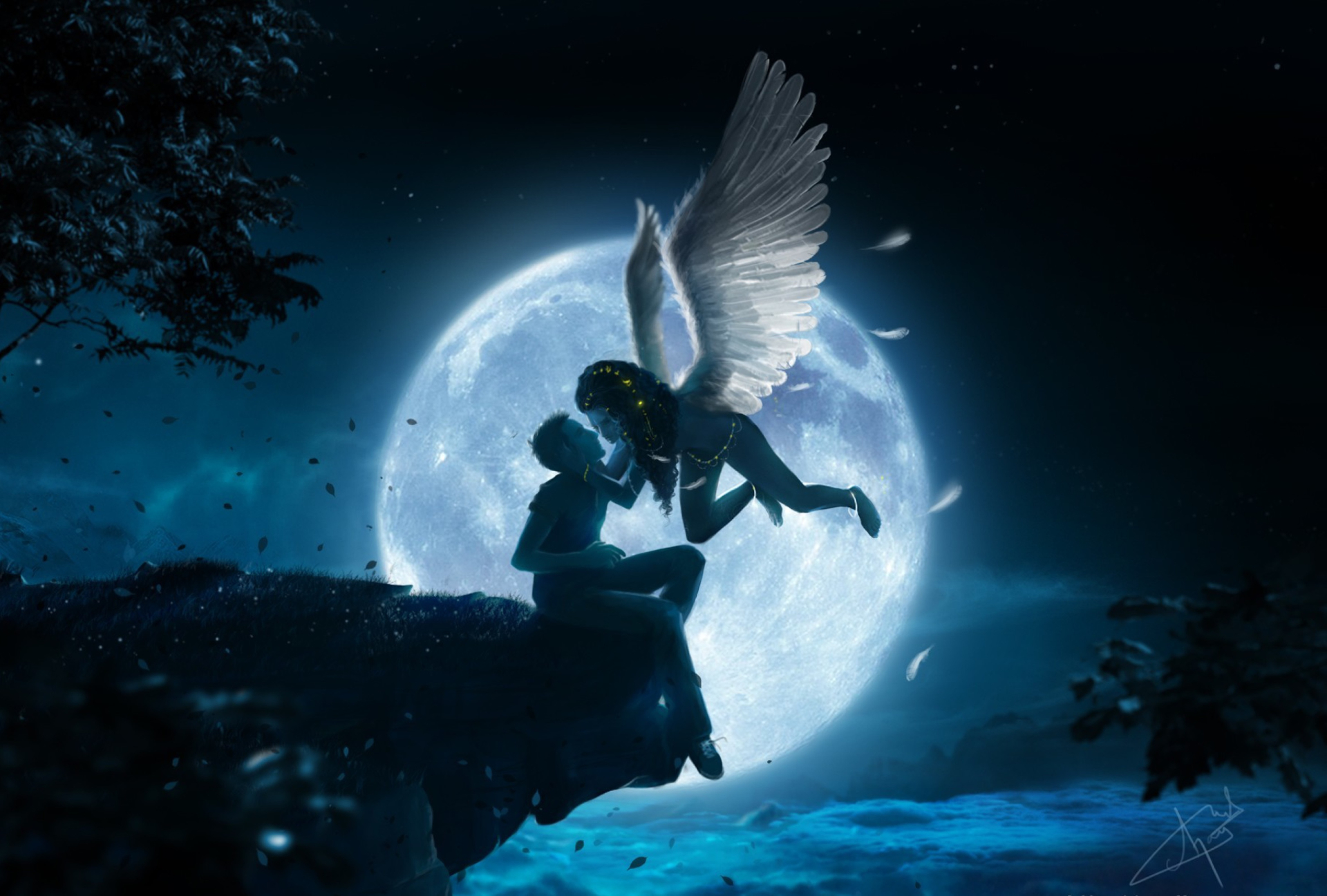 Download mobile wallpaper Fantasy, Night, Moon, Angel, Kiss for free.