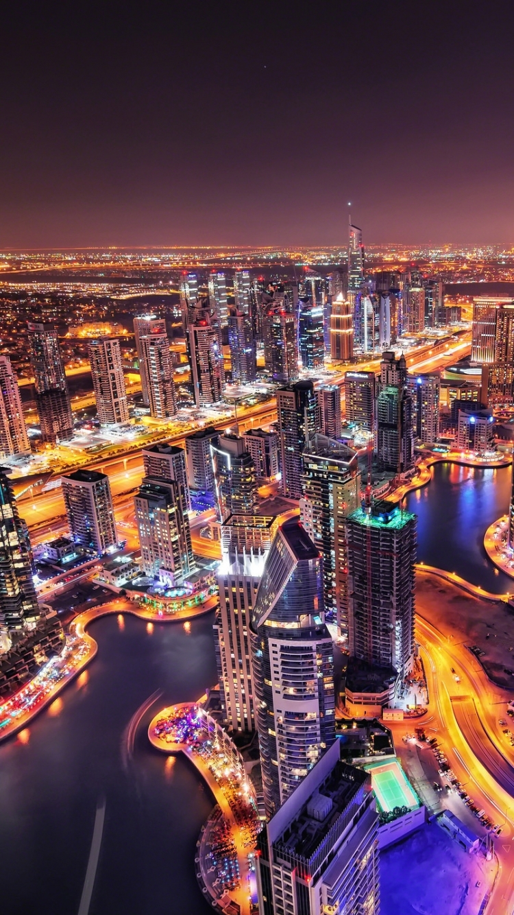 Скачать картинку Города, Ночь, Дубай, Мегаполис, Сделано Человеком в телефон бесплатно.