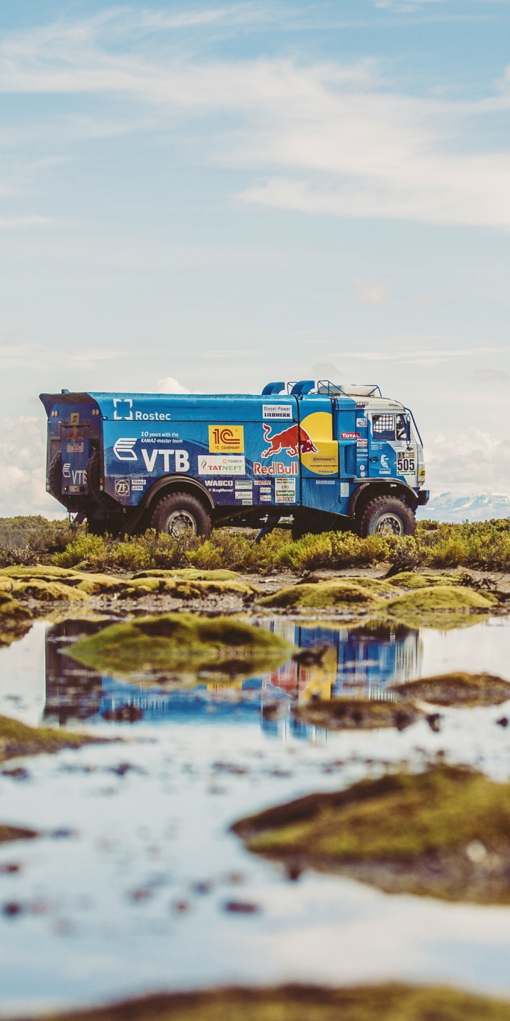 Download mobile wallpaper Sports, Landscape, Reflection, Red Bull, Vehicle, Rallying, Kamaz for free.
