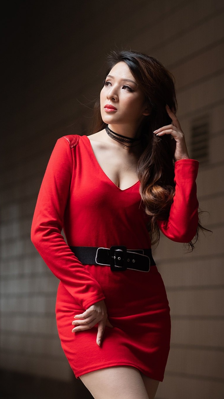 Download mobile wallpaper Brunette, Model, Women, Asian, Red Dress for free.