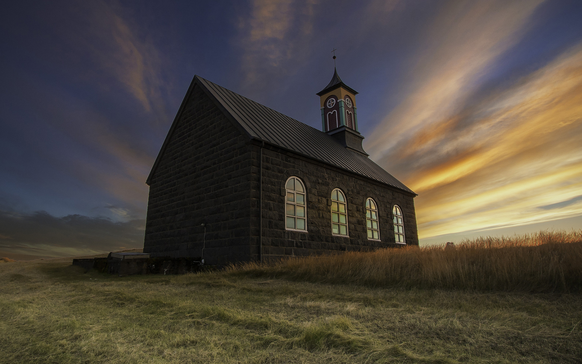Download mobile wallpaper Sunset, Field, Church, Chapel, Religious for free.