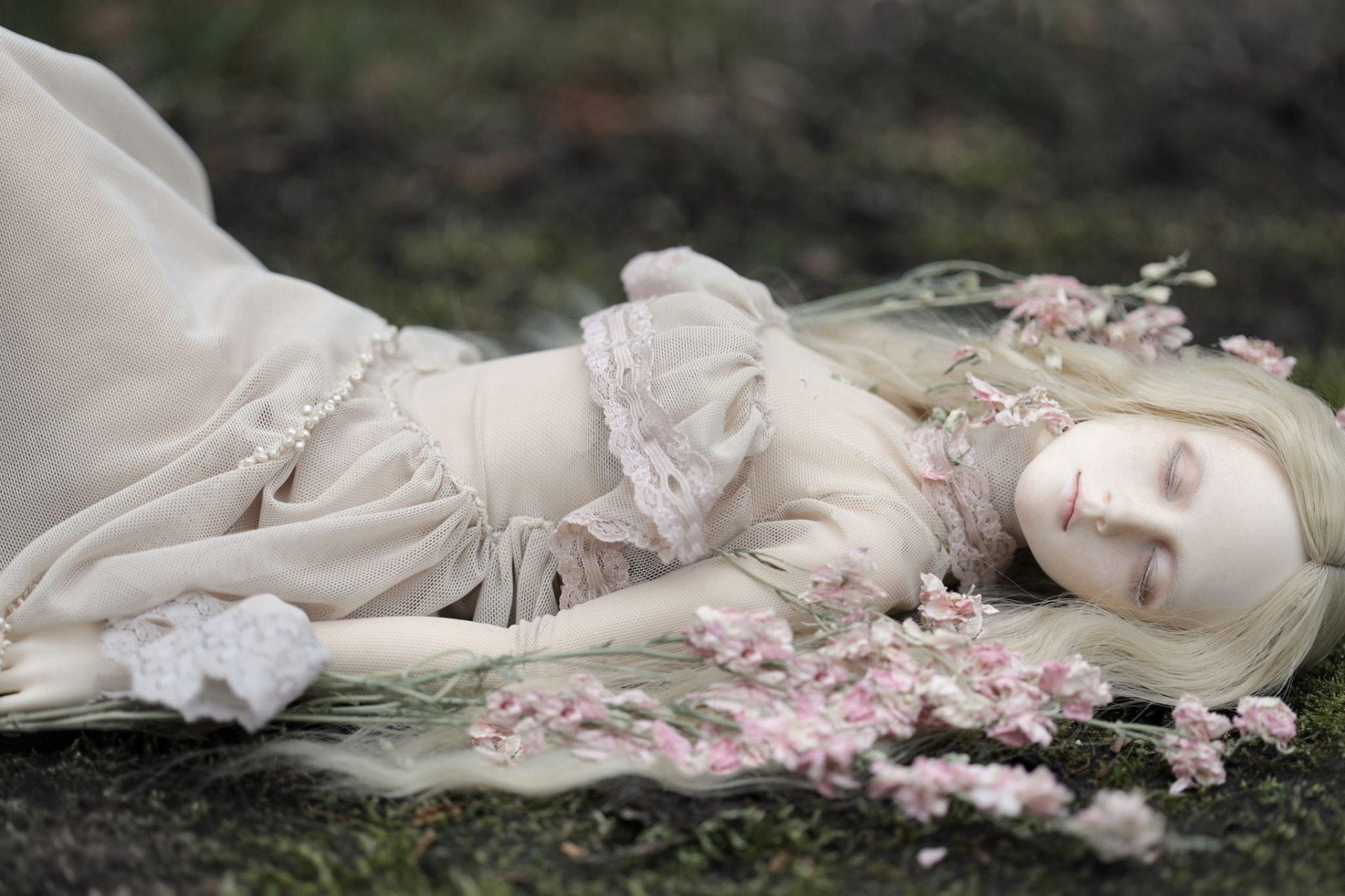 Download mobile wallpaper Doll, Man Made, Pink Flower, Lying Down for free.