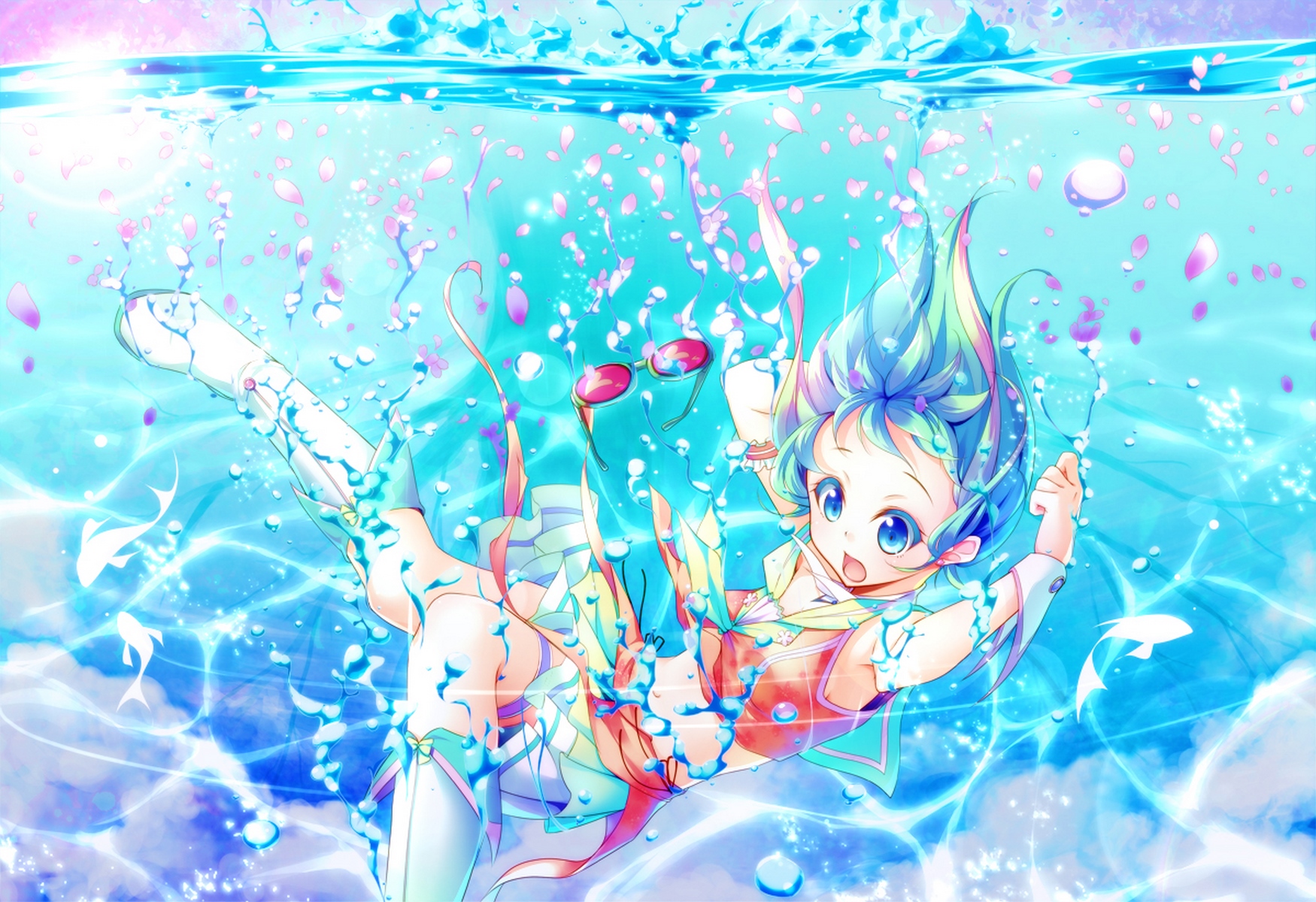 Laden Sie das Wasser, Vocaloid, Brille, Blütenblatt, Unterwasser, Seifenblase, Animes, Kurzes Haar, Gumi (Vocaloid)-Bild kostenlos auf Ihren PC-Desktop herunter