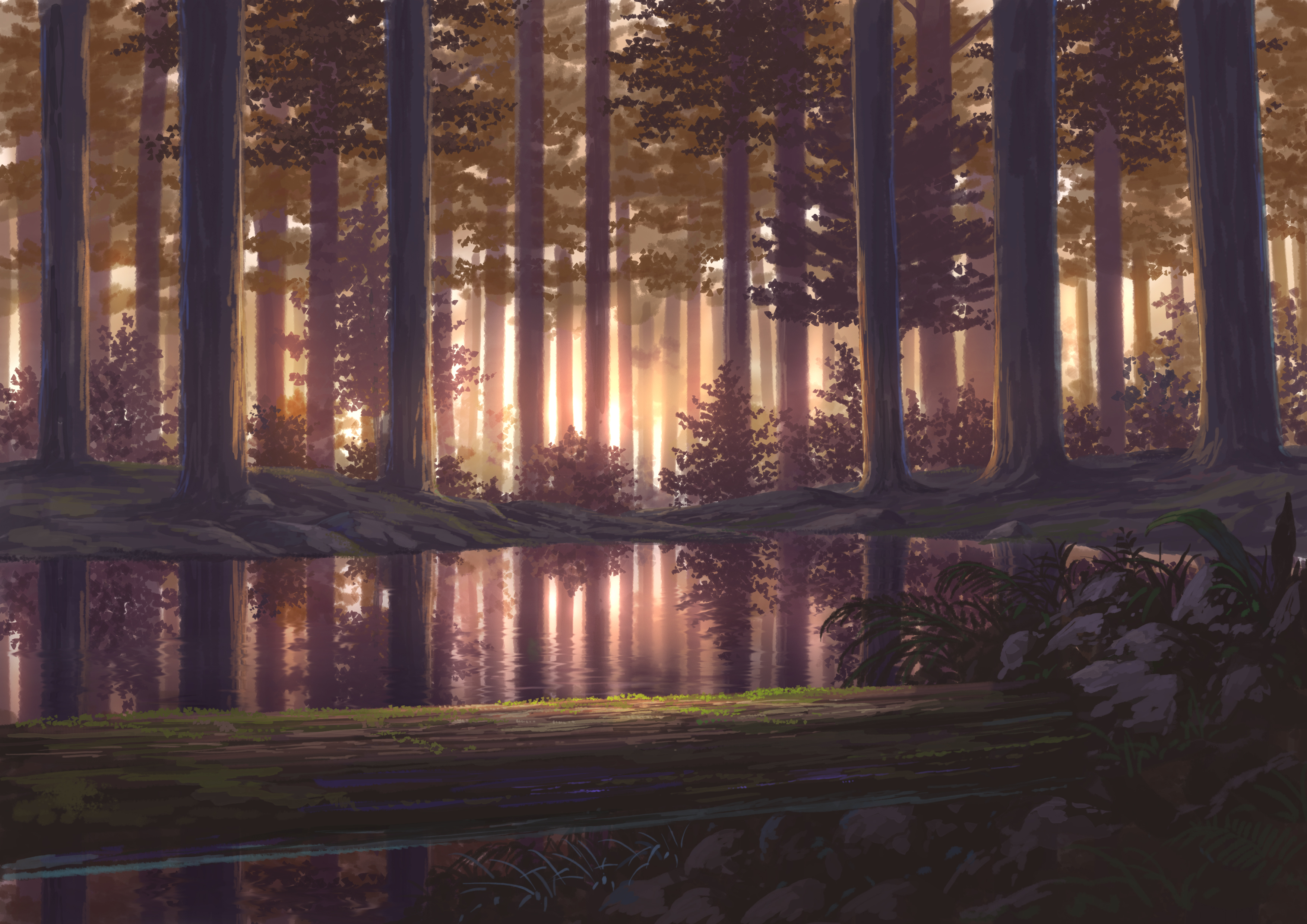 983855 скачать картинку аниме, лес призраков, озеро, дерево - обои и заставки бесплатно