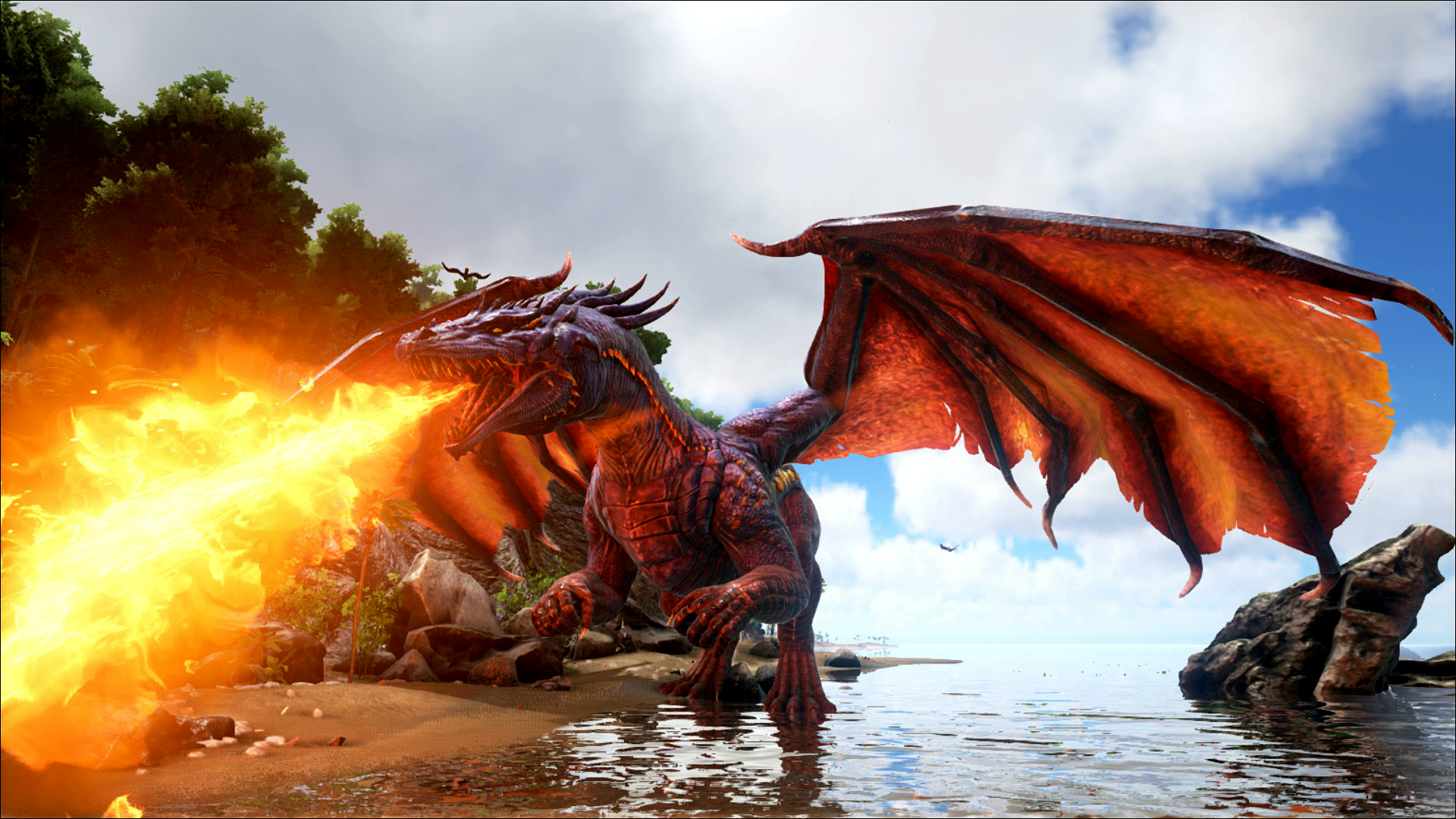 ark: survival evolved, video game, beach, dragon, fire