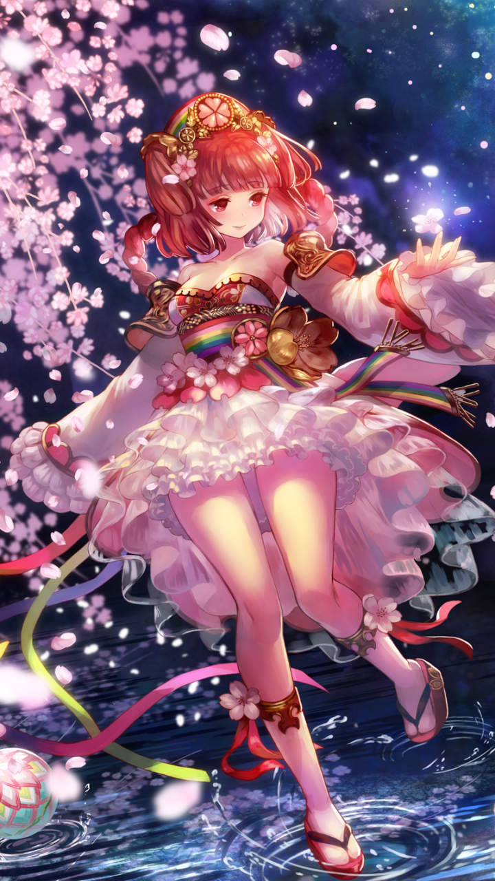 Download mobile wallpaper Anime, Water, Flower, Dress, Ribbon, Headdress, Cherry Blossom, Original, Braid, Red Eyes, Long Hair, Red Hair, Twintails for free.