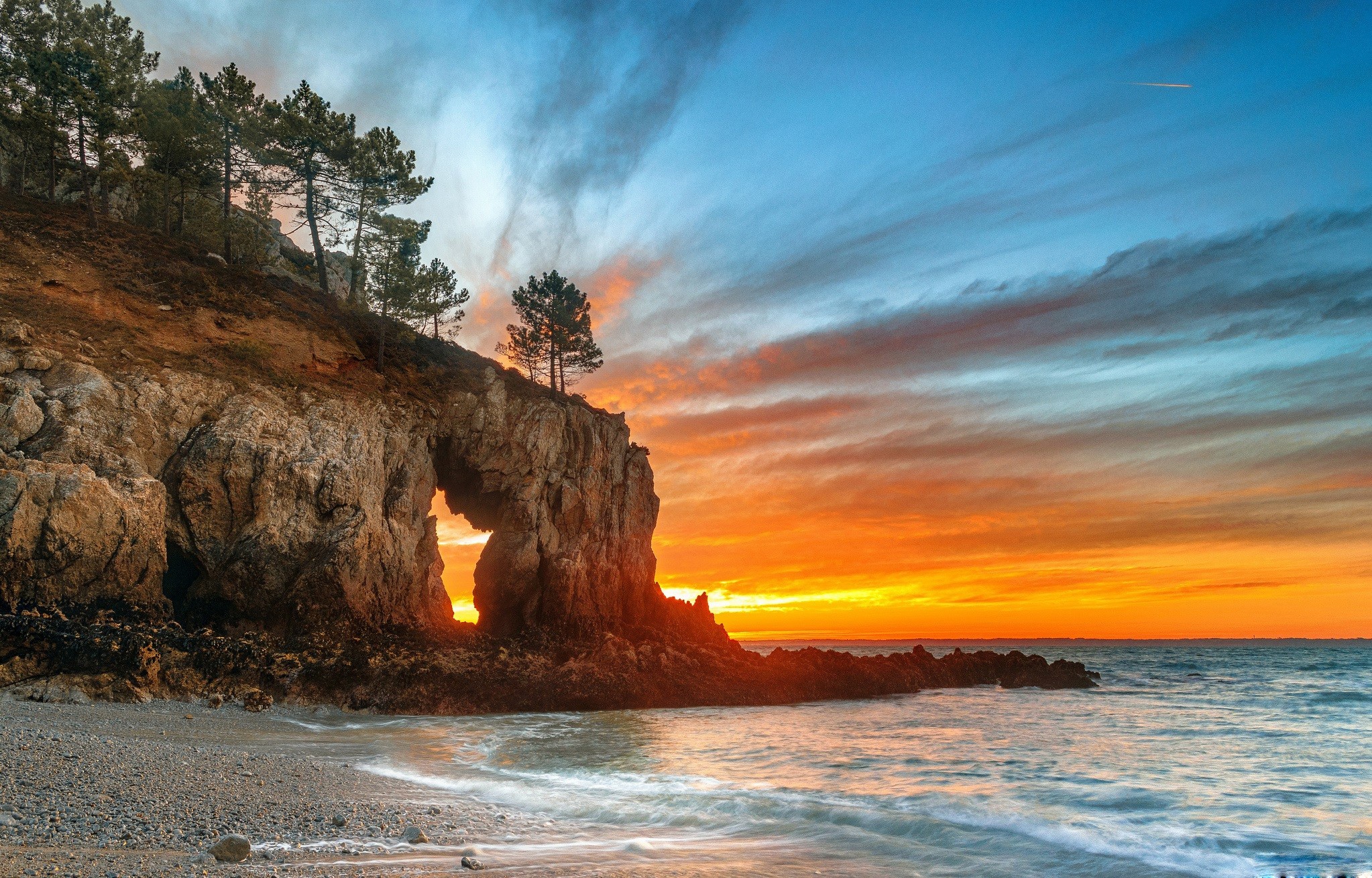 Free download wallpaper Nature, Beach, Horizon, Ocean, Sunrise, Earth, Arch on your PC desktop