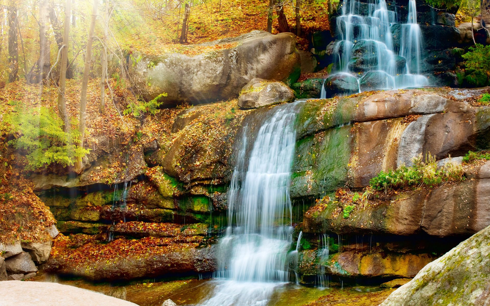 Download mobile wallpaper Water, Waterfall, Leaf, Fall, Earth, Sunbeam for free.