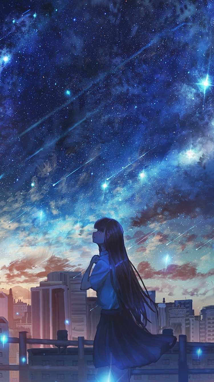 Download mobile wallpaper Anime, Sunset, Sky, City, Starry Sky, Original, School Uniform, Long Hair for free.