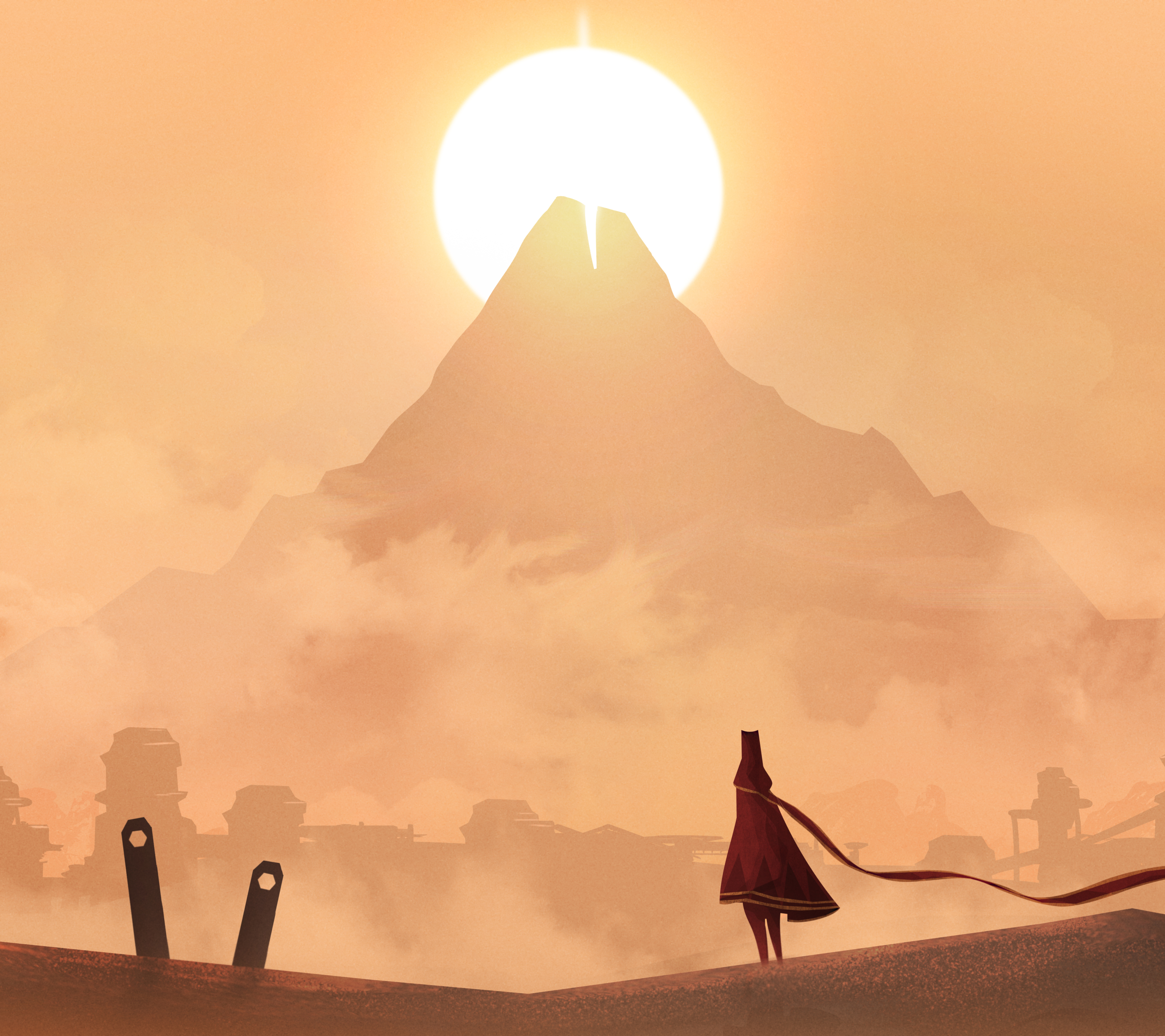 video game, journey, sun, mountain, landscape