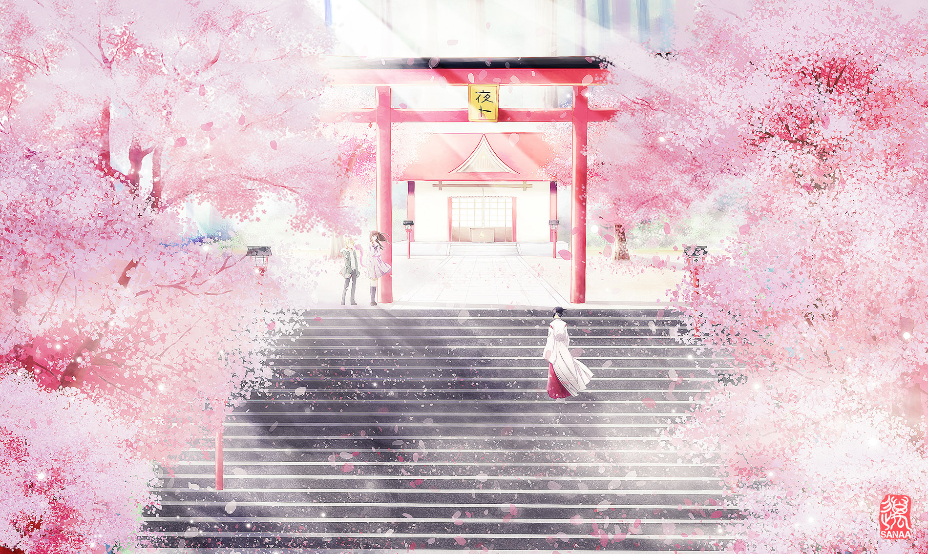 738521 Bild herunterladen animes, noragami, braune haare, kirschblüte, kleid, lange haare, blütenblatt, schrein, yato (noragami), yukine (noragami) - Hintergrundbilder und Bildschirmschoner kostenlos