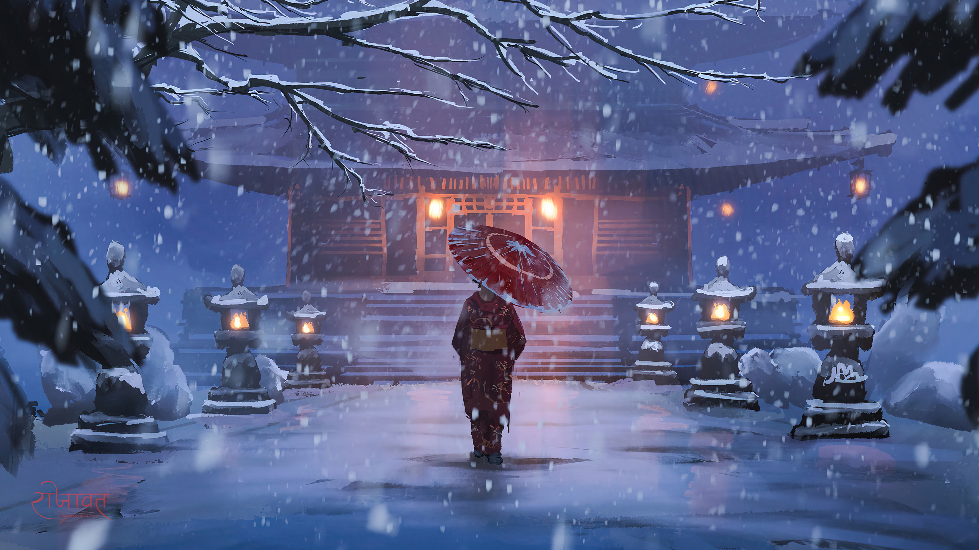 Free download wallpaper Fantasy, Oriental, Snowfall, Geisha on your PC desktop