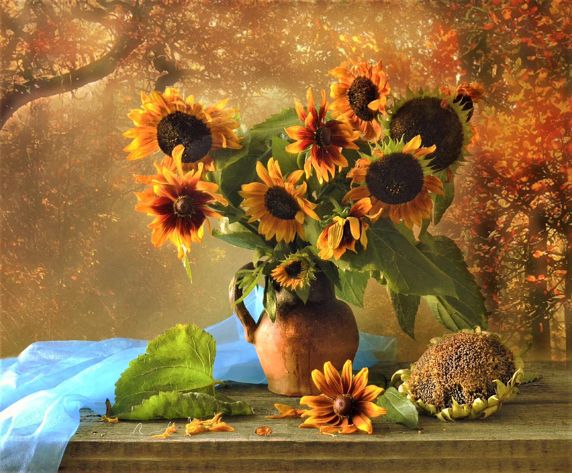 Download mobile wallpaper Still Life, Fall, Vase, Sunflower, Photography, Yellow Flower, Pitcher for free.