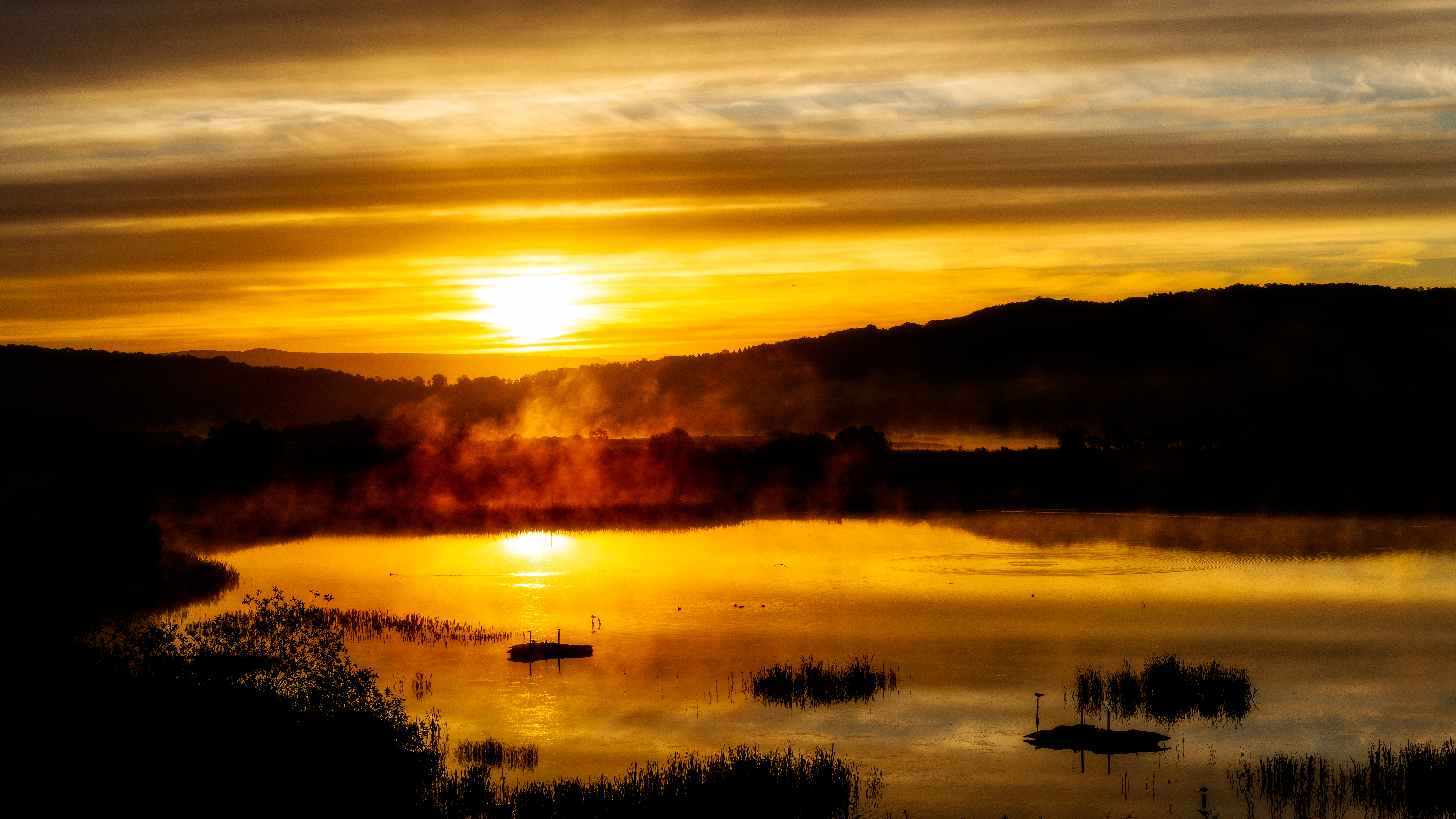 Download mobile wallpaper Fog, Nature, Dusk, Sunset, Twilight, Lake, Landscape for free.