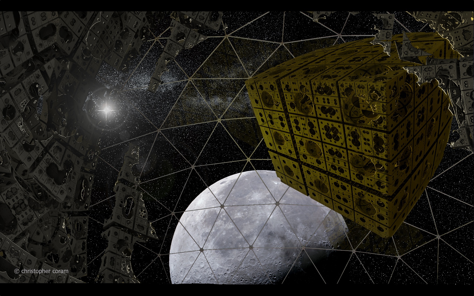 201243 завантажити картинку наукова фантастика, фрактал, куб, купол, золото, місяць, космос - шпалери і заставки безкоштовно