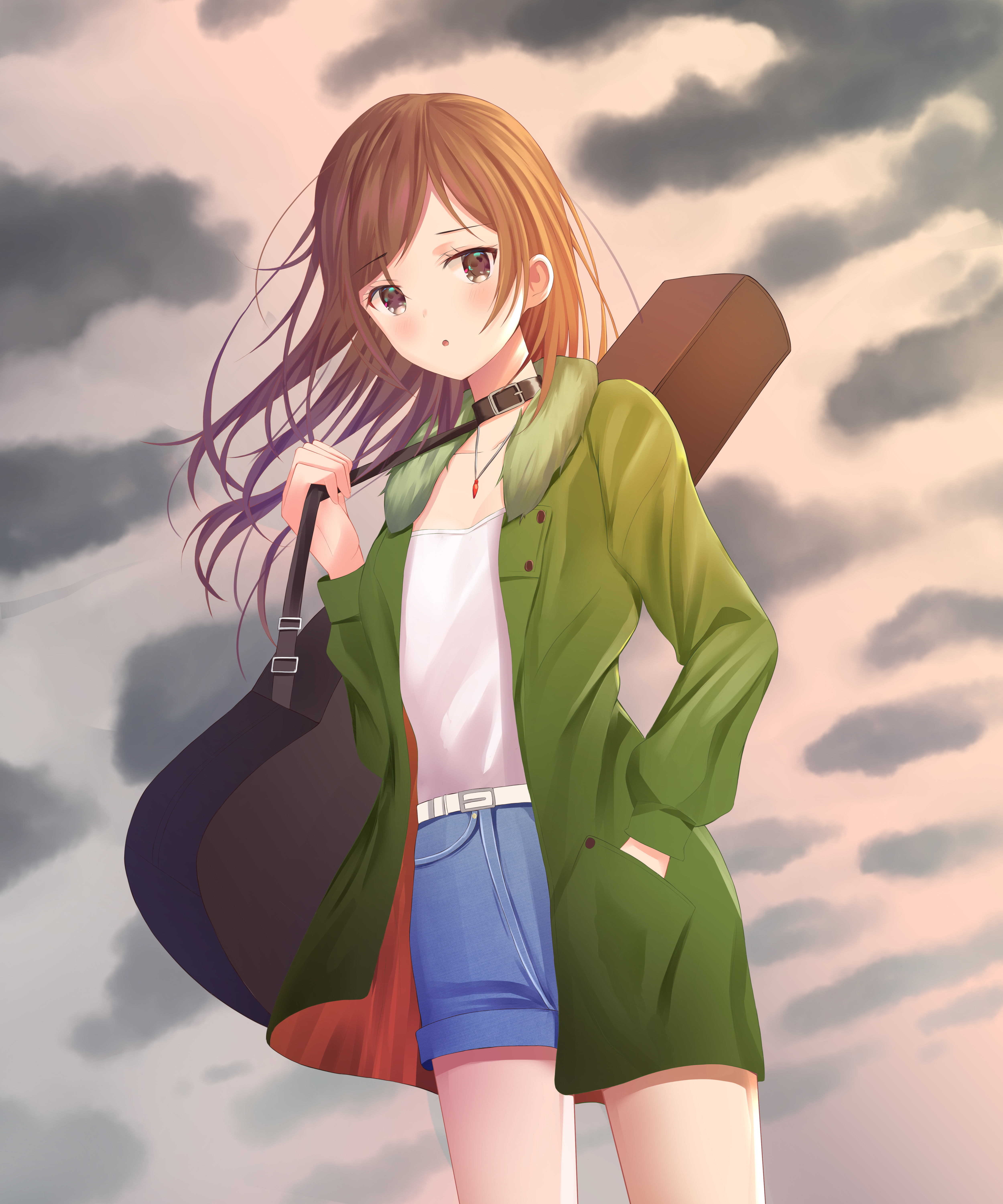anime, clouds, guitar, girl, case, sheath