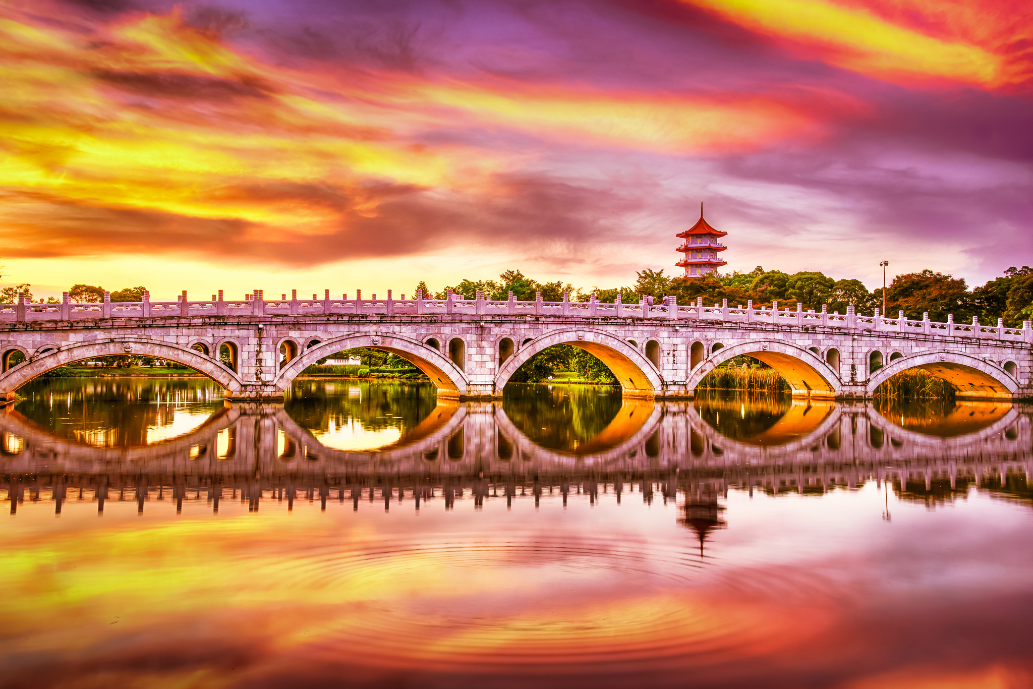Free download wallpaper Bridges, Sunset, Reflection, Bridge, Garden, Singapore, Man Made on your PC desktop