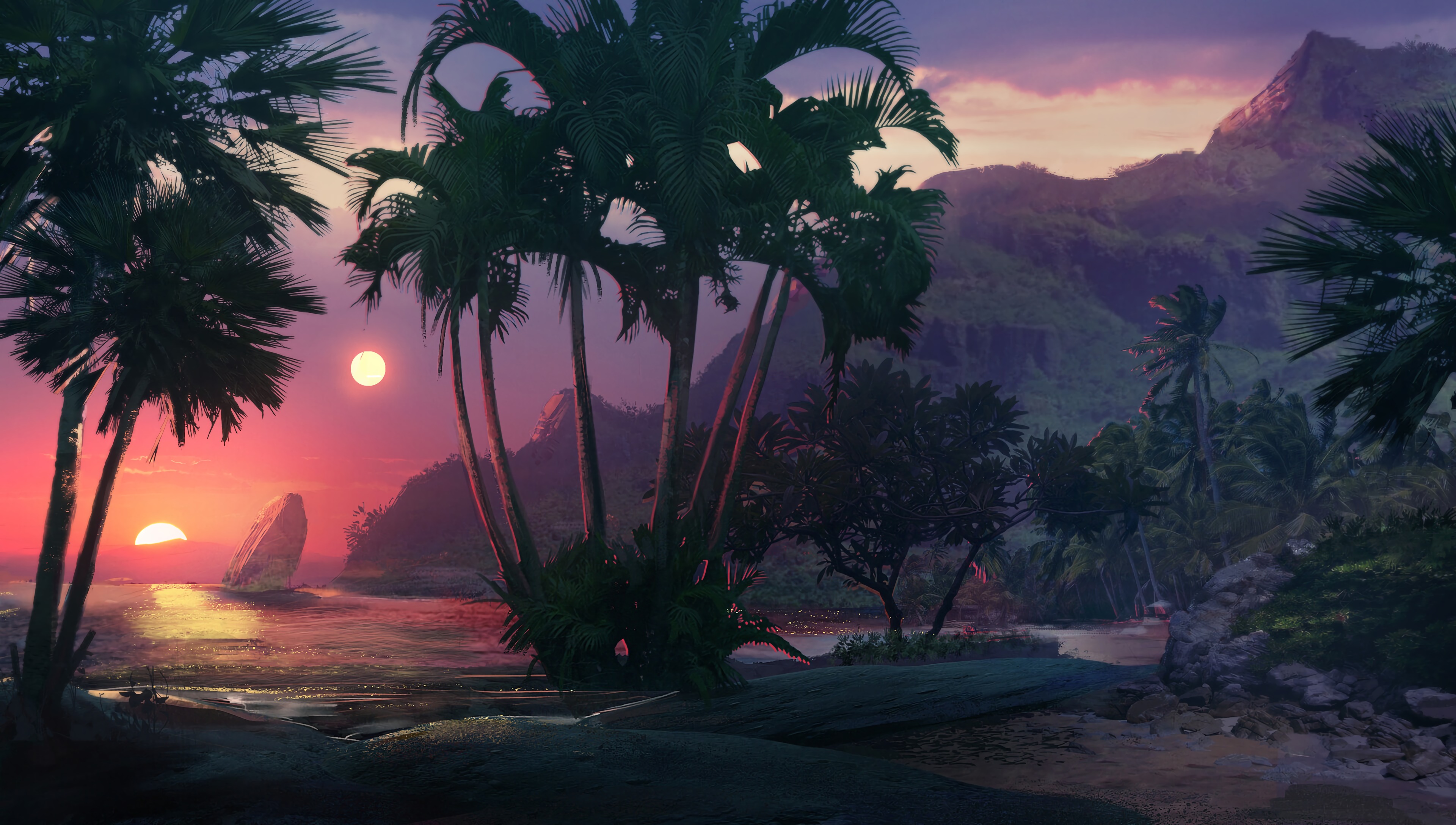 Free download wallpaper Art, Palms, Sunset, Sea, Beach on your PC desktop