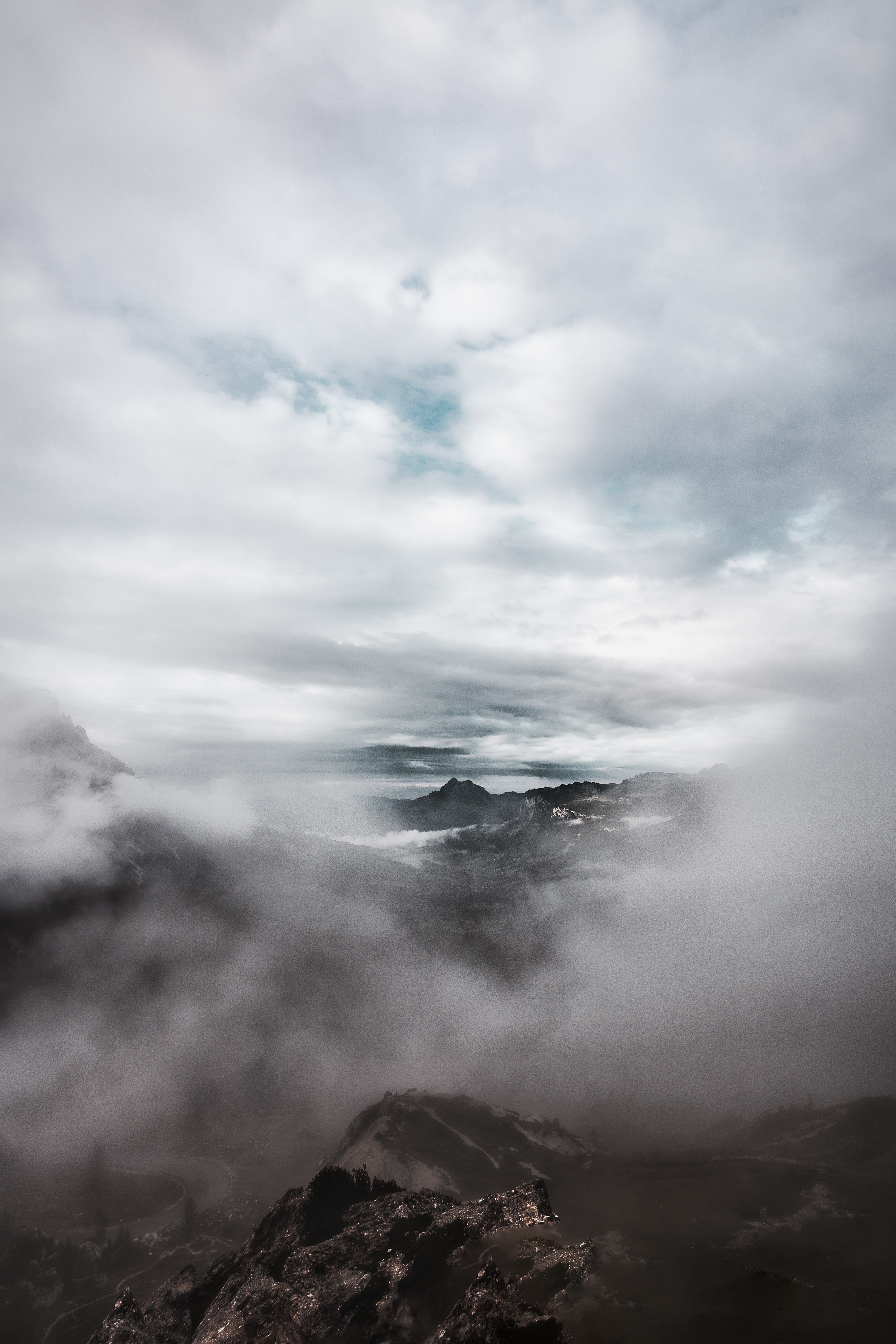 Download mobile wallpaper Vertex, Top, Fog, Shroud, Clouds, Mountains, Nature for free.