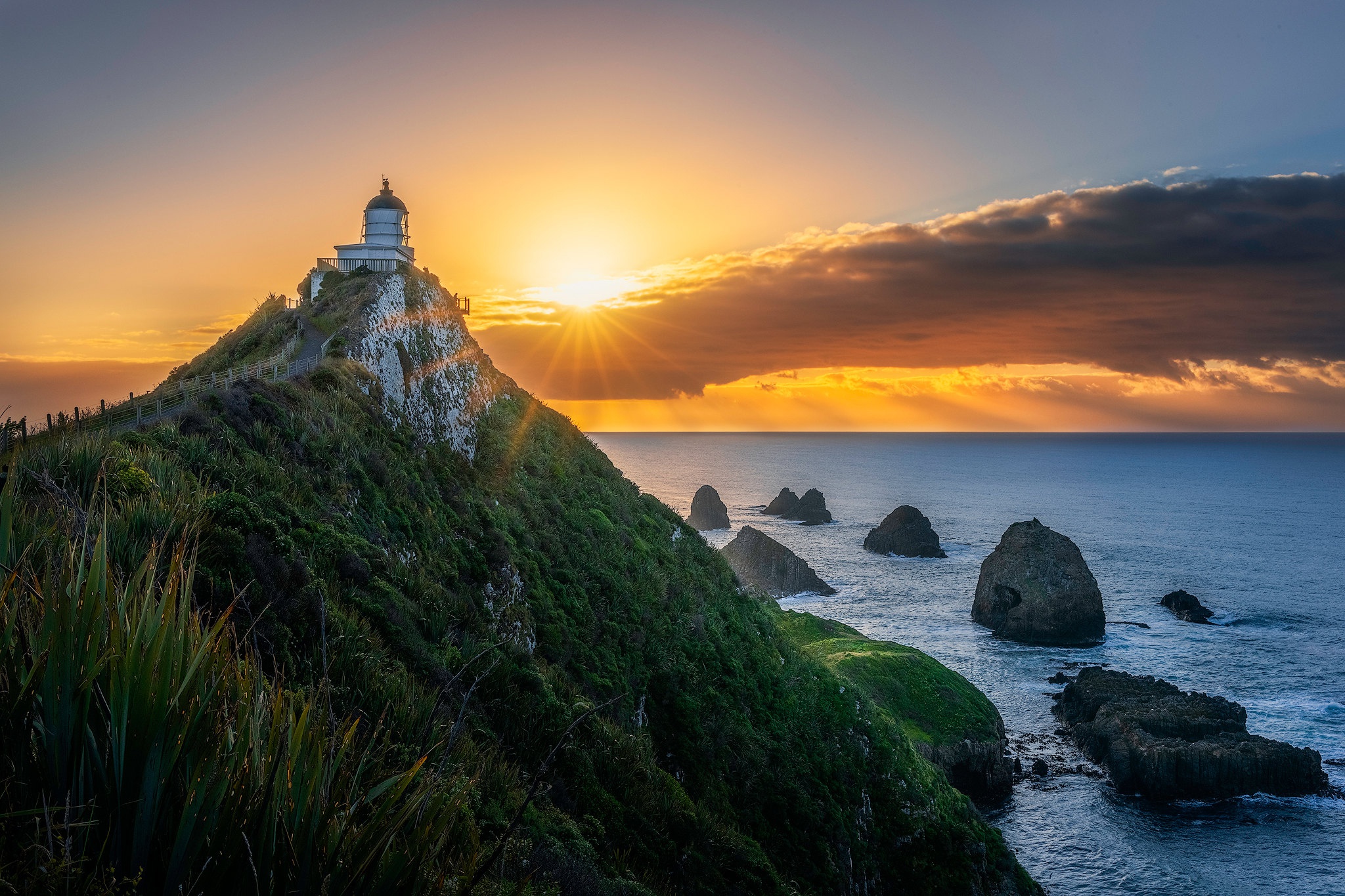 Handy-Wallpaper Neuseeland, Ozean, Sonnenaufgang, Dämmerung, Leuchtturm, Menschengemacht kostenlos herunterladen.