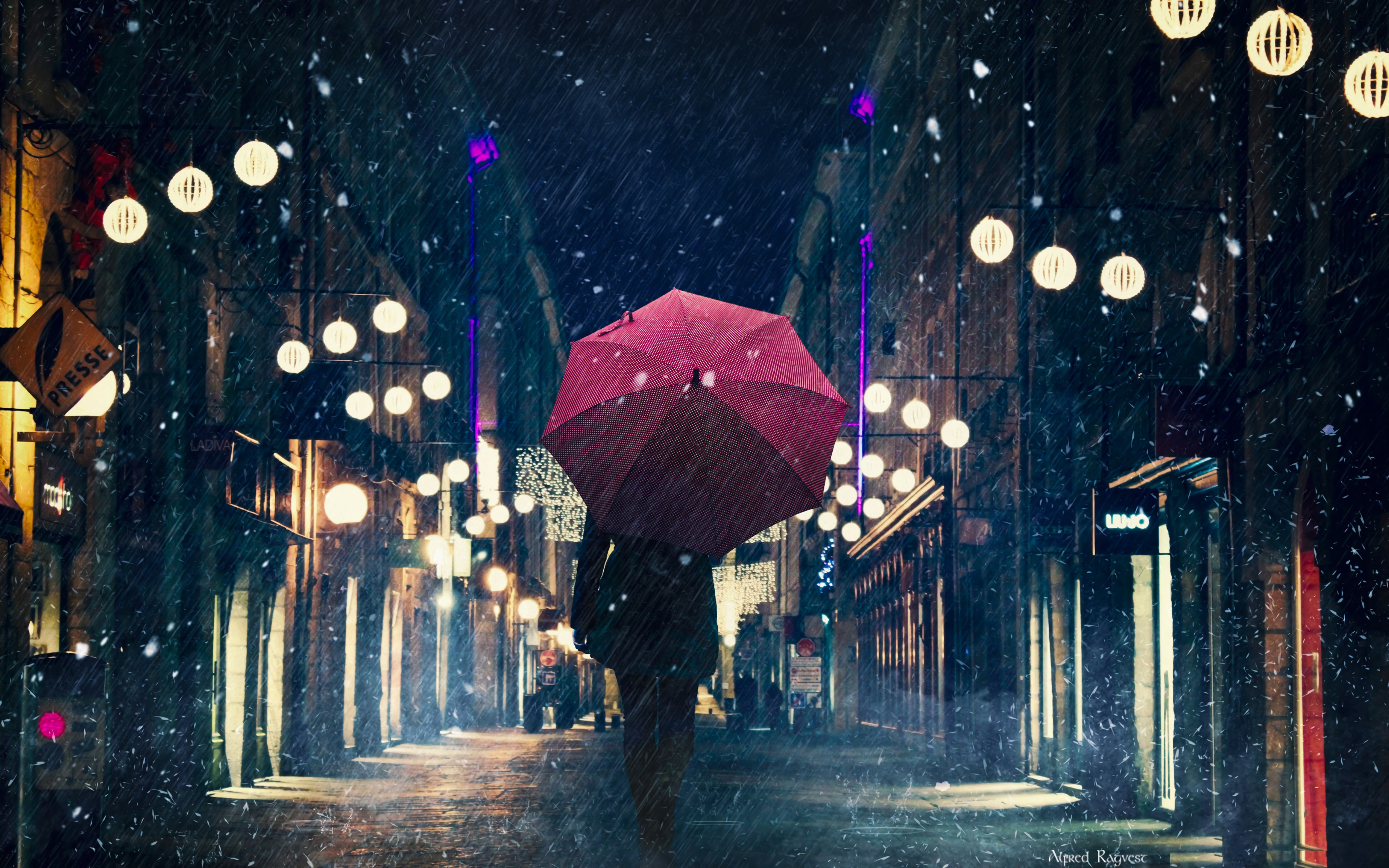 82163 скачать обои зонтик, разное, силуэт, дождь, огни города, ночной город, улица - заставки и картинки бесплатно