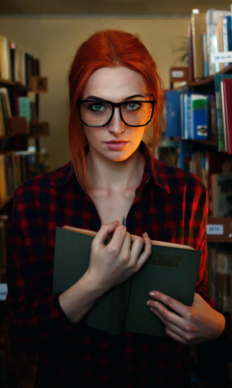 Download mobile wallpaper Redhead, Book, Glasses, Library, Model, Women, Blue Eyes, Freckles for free.