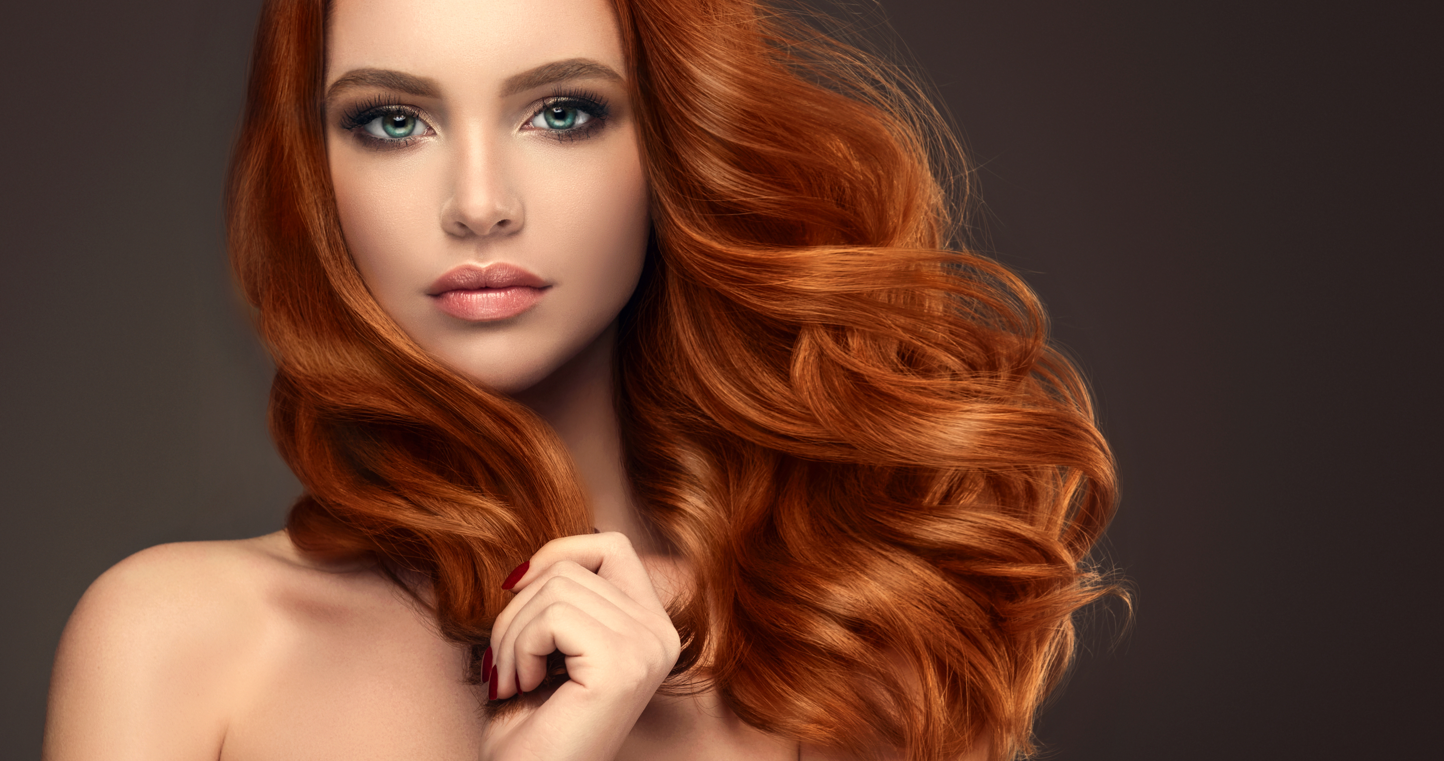 Download mobile wallpaper Face, Model, Women, Curl, Makeup, Blue Eyes, Red Hair for free.