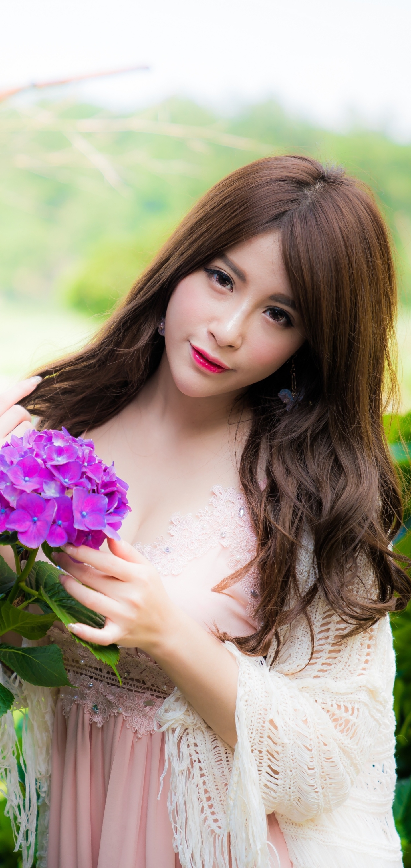 Download mobile wallpaper Flower, Brunette, Model, Women, Asian, Pink Flower for free.