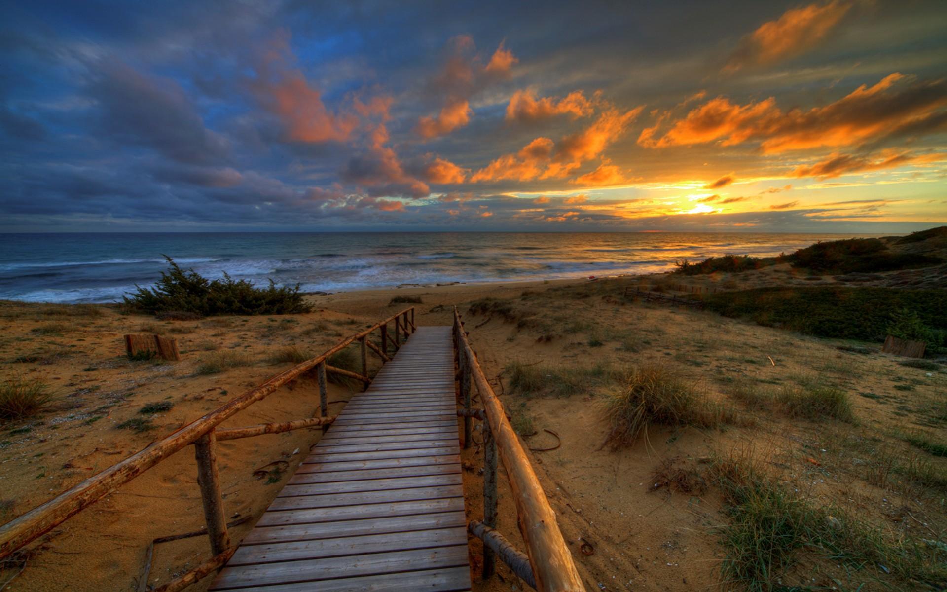 Free download wallpaper Sunset, Sea, Beach, Horizon, Ocean, Earth, Photography, Walkway on your PC desktop