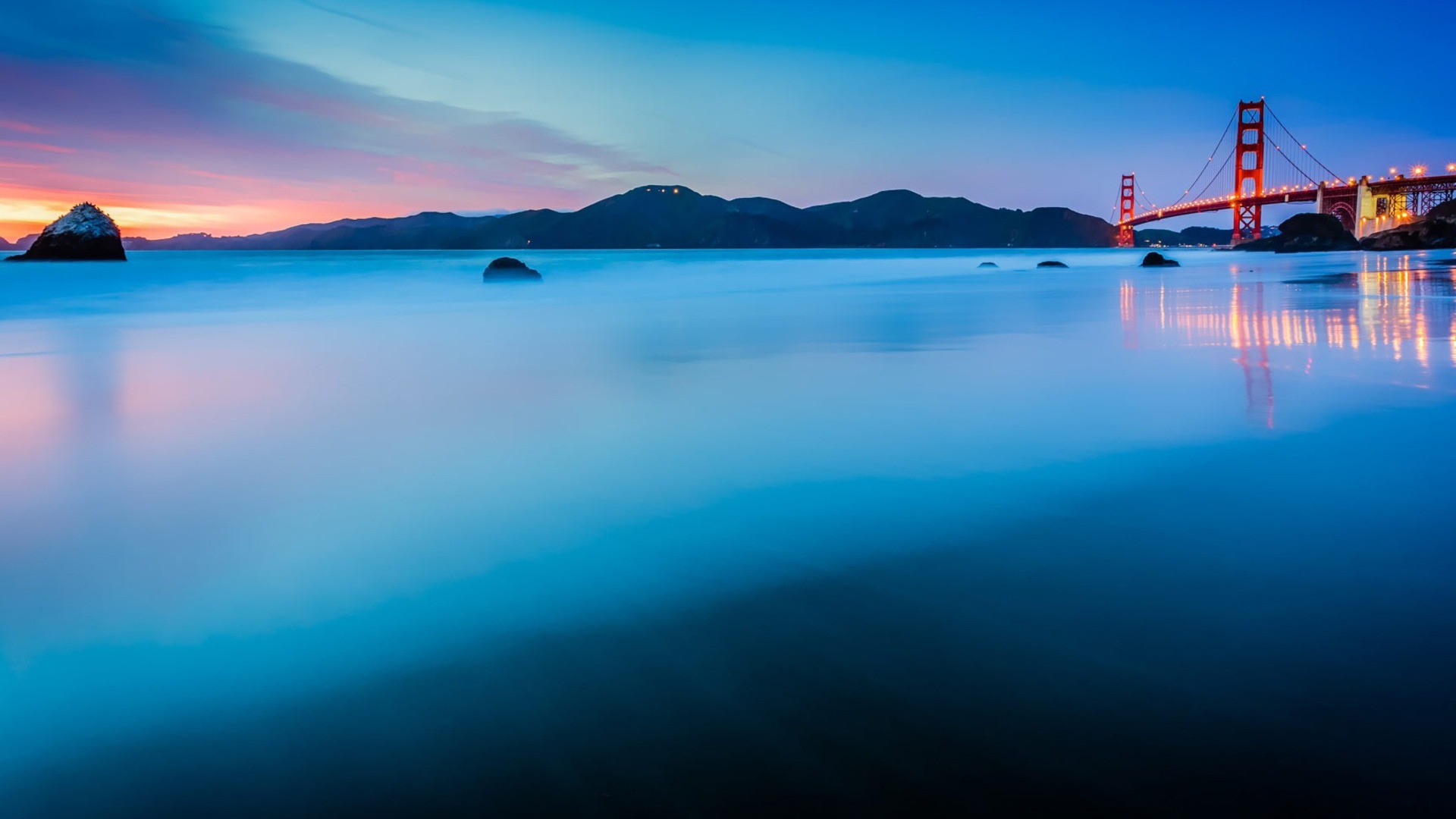 Free download wallpaper Landscape, Nature, Sunset, Mountain, Bridge, Golden Gate, Man Made on your PC desktop
