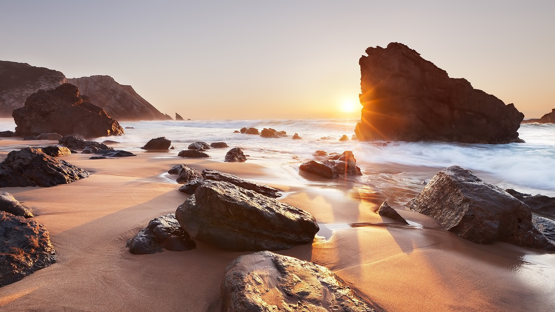 Free download wallpaper Sea, Sunset, Landscape, Beach on your PC desktop