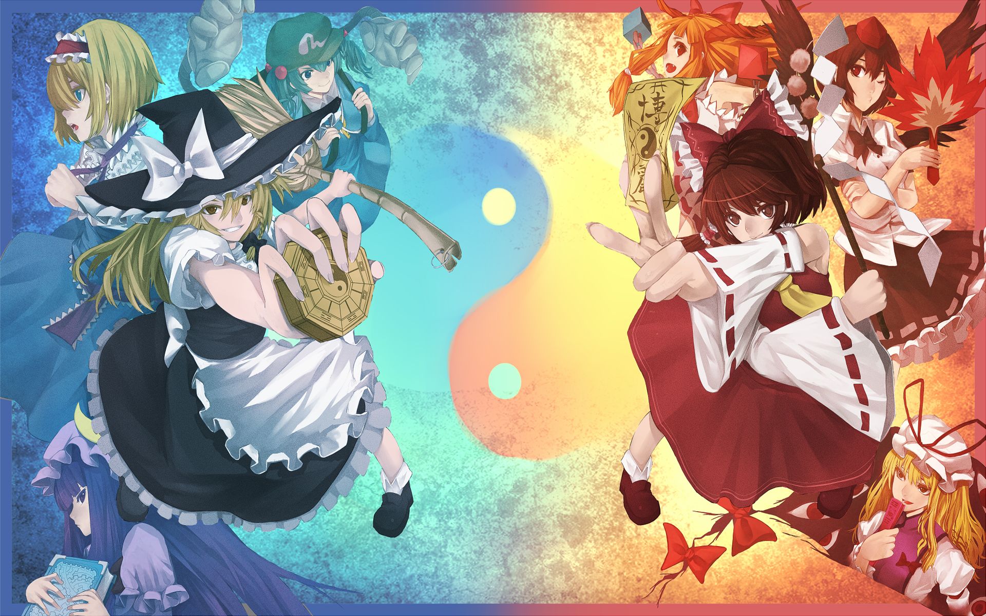Download mobile wallpaper Anime, Touhou, Aya Shameimaru, Reimu Hakurei, Suika Ibuki, Marisa Kirisame, Alice Margatroid for free.
