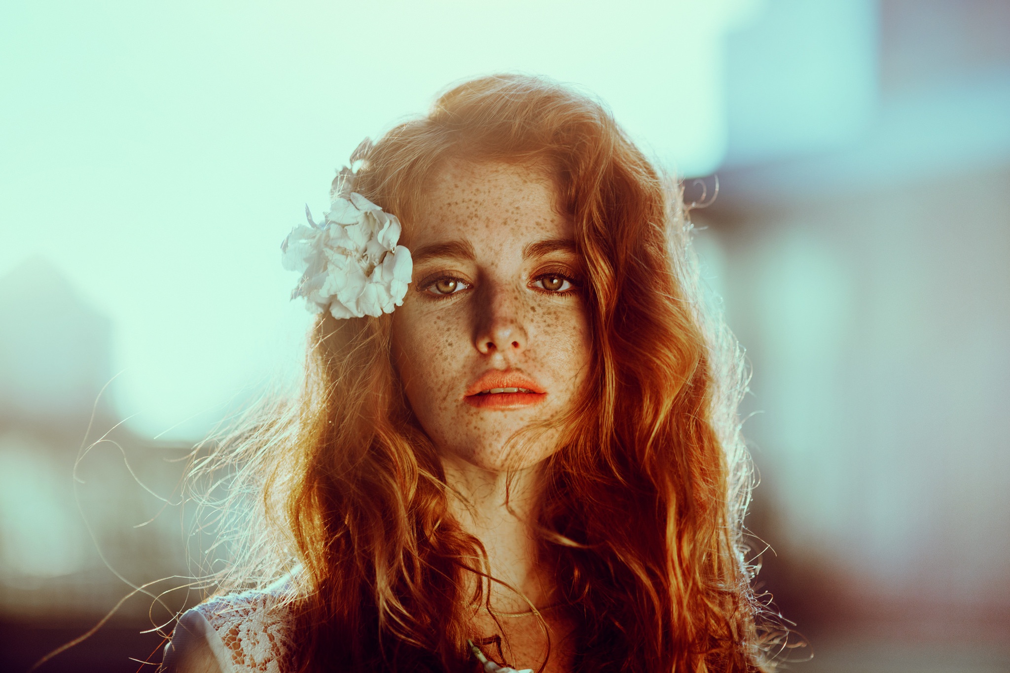 Download mobile wallpaper Redhead, Face, Model, Women, Freckles, Brown Eyes, Depth Of Field for free.
