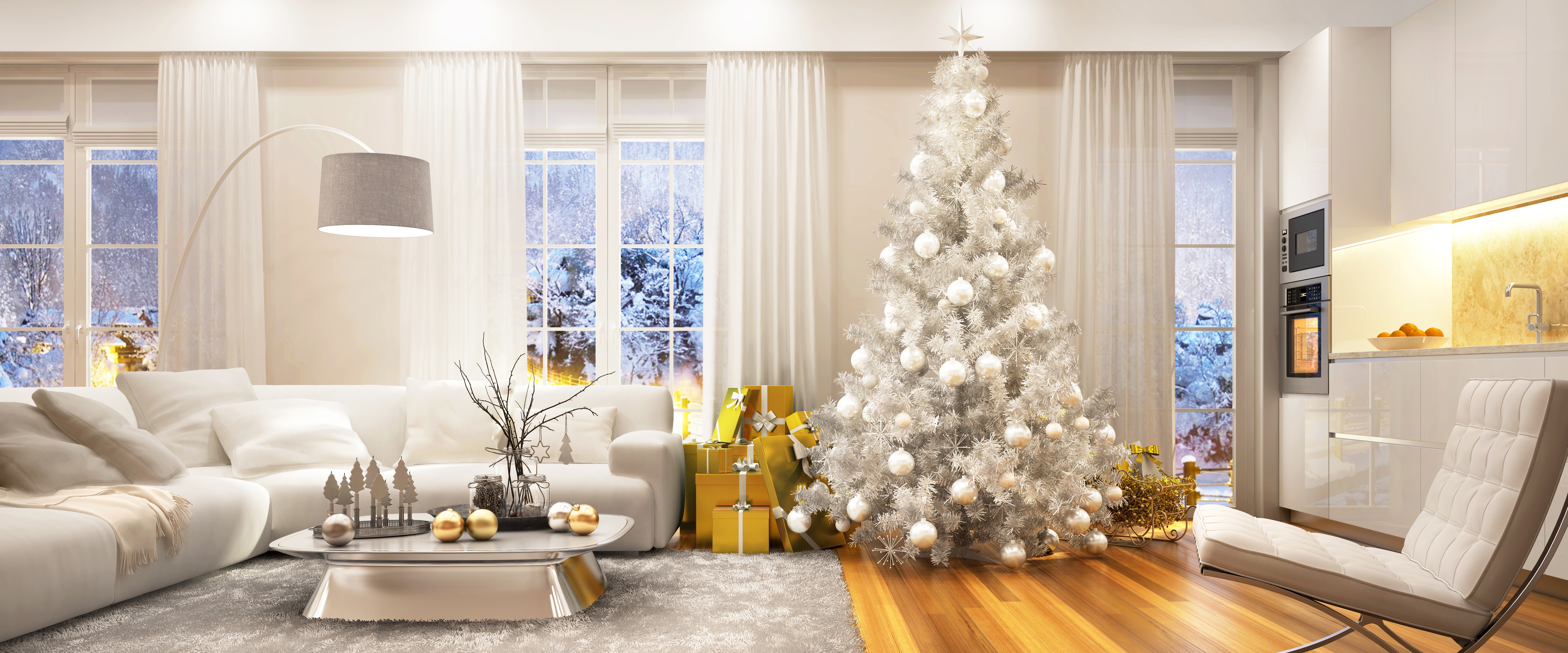 874924 Hintergrundbild herunterladen menschengemacht, zimmer, weihnachtsbaum, möbilar, geschenk, wohnzimmer, sofa - Bildschirmschoner und Bilder kostenlos