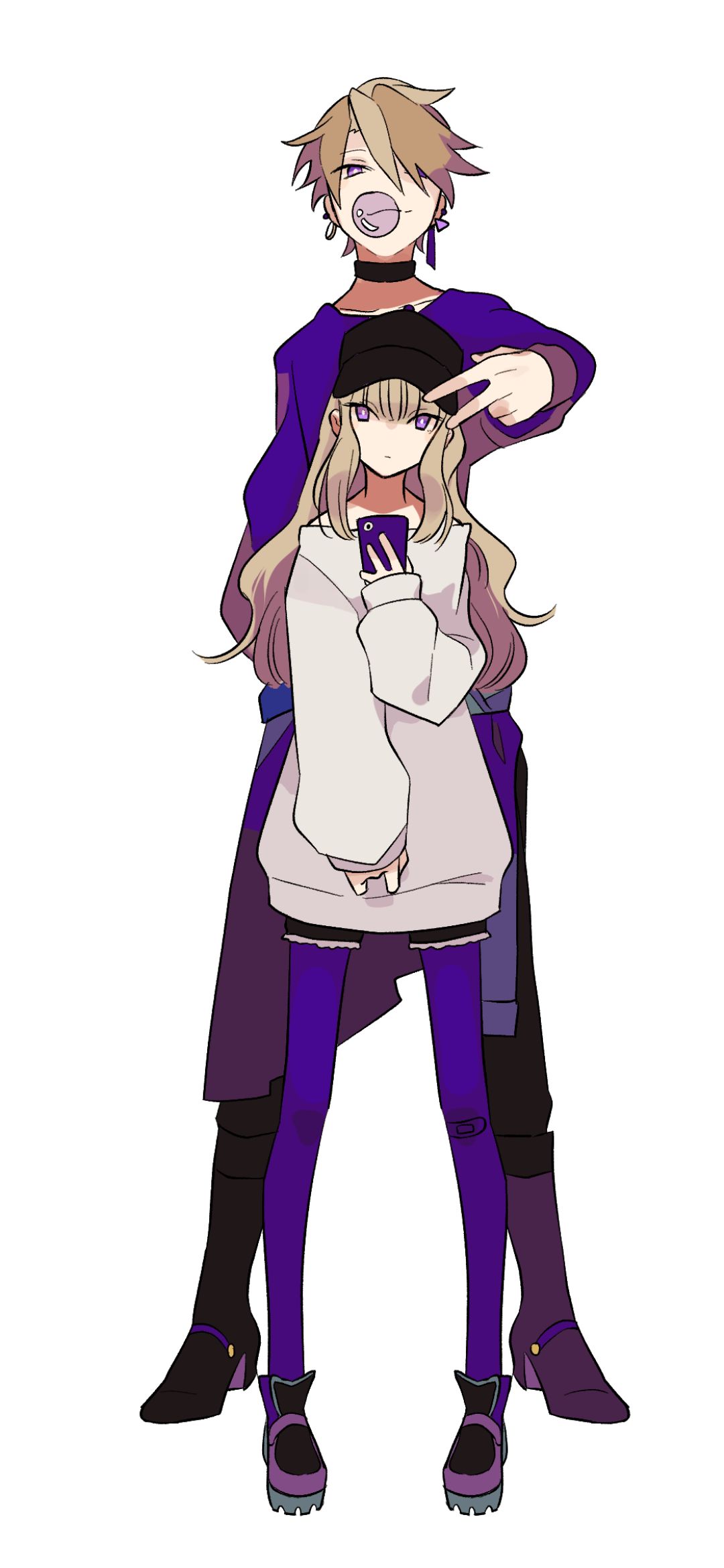 Download mobile wallpaper Anime, Couple, Cap, Blonde, Smartphone, Long Hair, Purple Eyes for free.