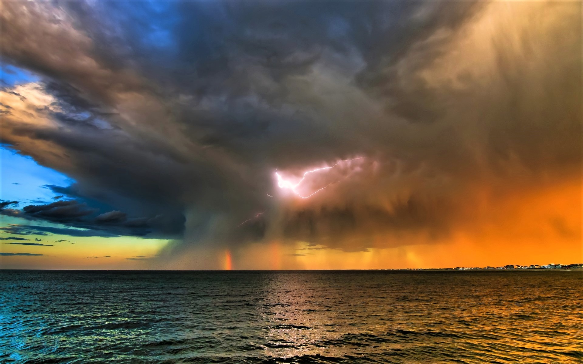 Free download wallpaper Sunset, Sea, Lightning, Horizon, Ocean, Earth, Storm, Cloud on your PC desktop