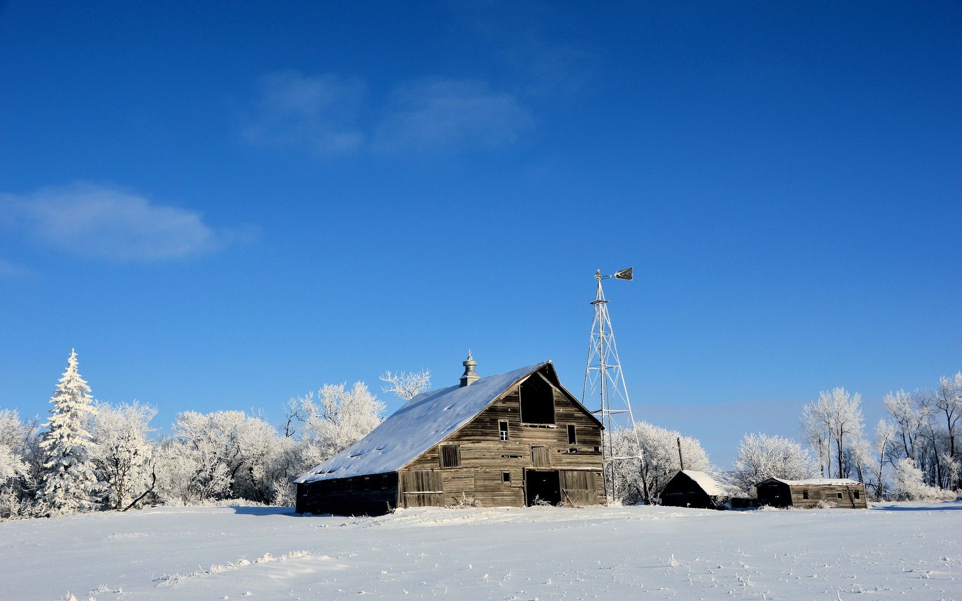 Download mobile wallpaper Field, Winter, Windmill, House, Nature for free.