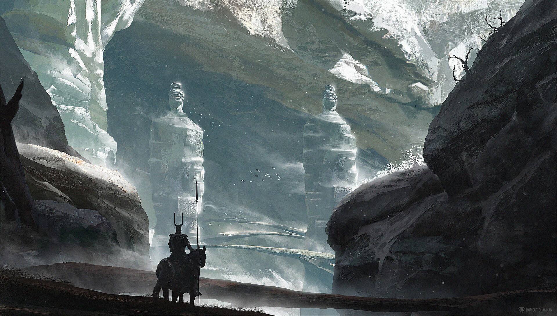 Free download wallpaper Landscape, Fantasy, Cave, Warrior, Horse on your PC desktop