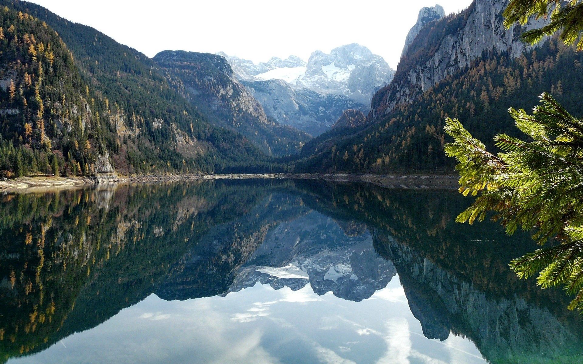 mountains, nature, trees, lake, reflection, branches, branch, water surface, mirror