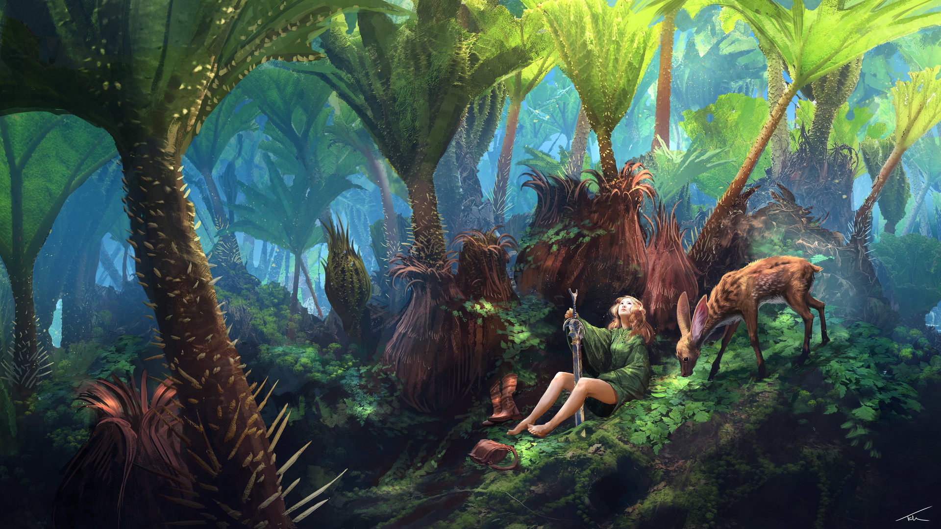 Laden Sie das Fantasie, Wald, Baum, Hirsch, Dschungel, Schwert, Braune Augen, Kriegerin, Frau Krieger-Bild kostenlos auf Ihren PC-Desktop herunter