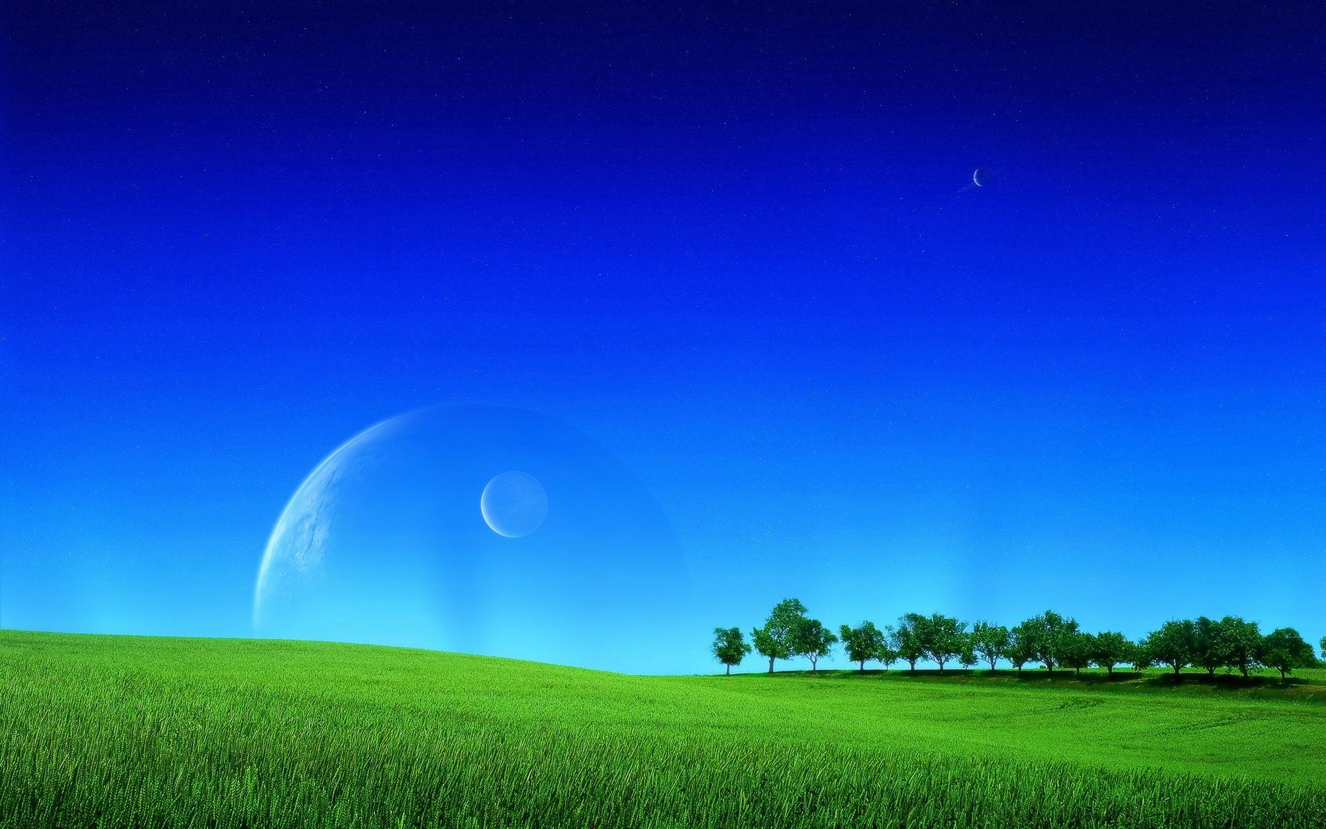 planets, lawn, sky, fantasy, universe, grass, greens, field