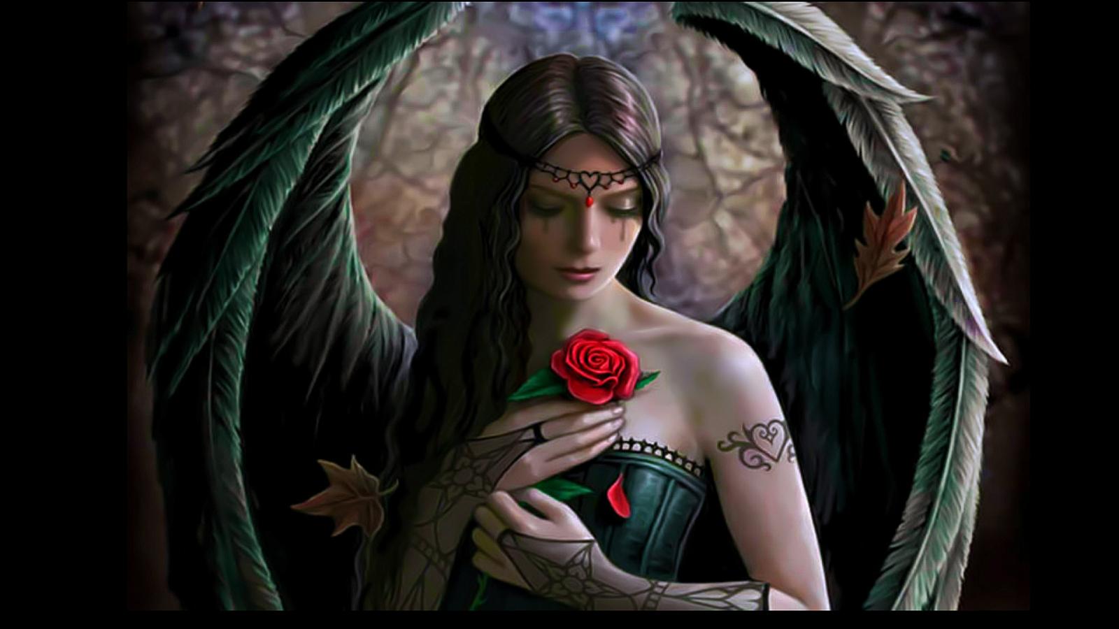 PCデスクトップにファンタジー, 天使, 花, 薔薇, 翼, 悲しい画像を無料でダウンロード