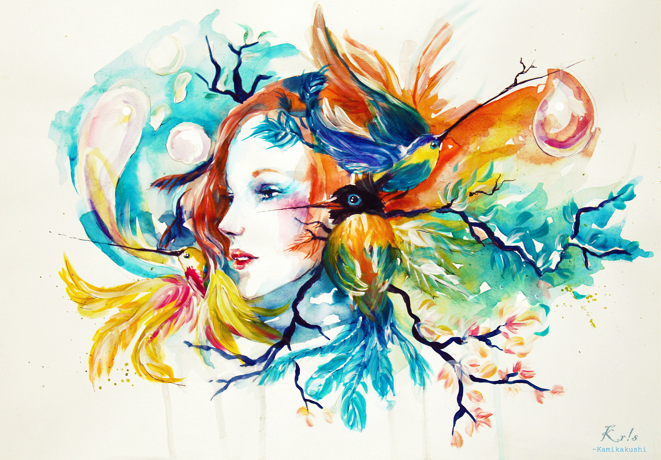 Download mobile wallpaper Bird, Colors, Colorful, Artistic, Women for free.