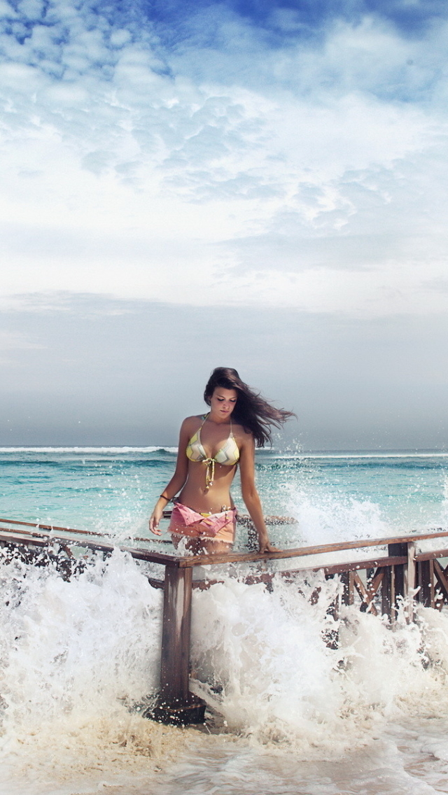 Download mobile wallpaper Sea, Beach, Ocean, Style, Wave, Fashion, Model, Women, Bikini for free.