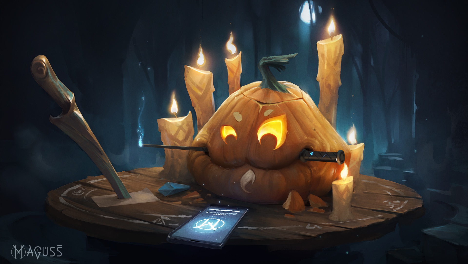 Download mobile wallpaper Halloween, Holiday, Candle, Knife, Jack O' Lantern for free.