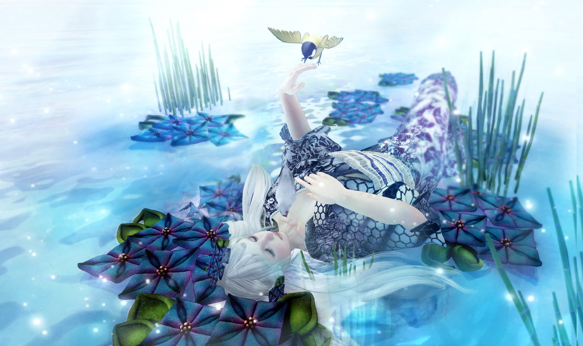 Download mobile wallpaper Fantasy, Flower, Bird, Ocean, Women, Lying Down for free.