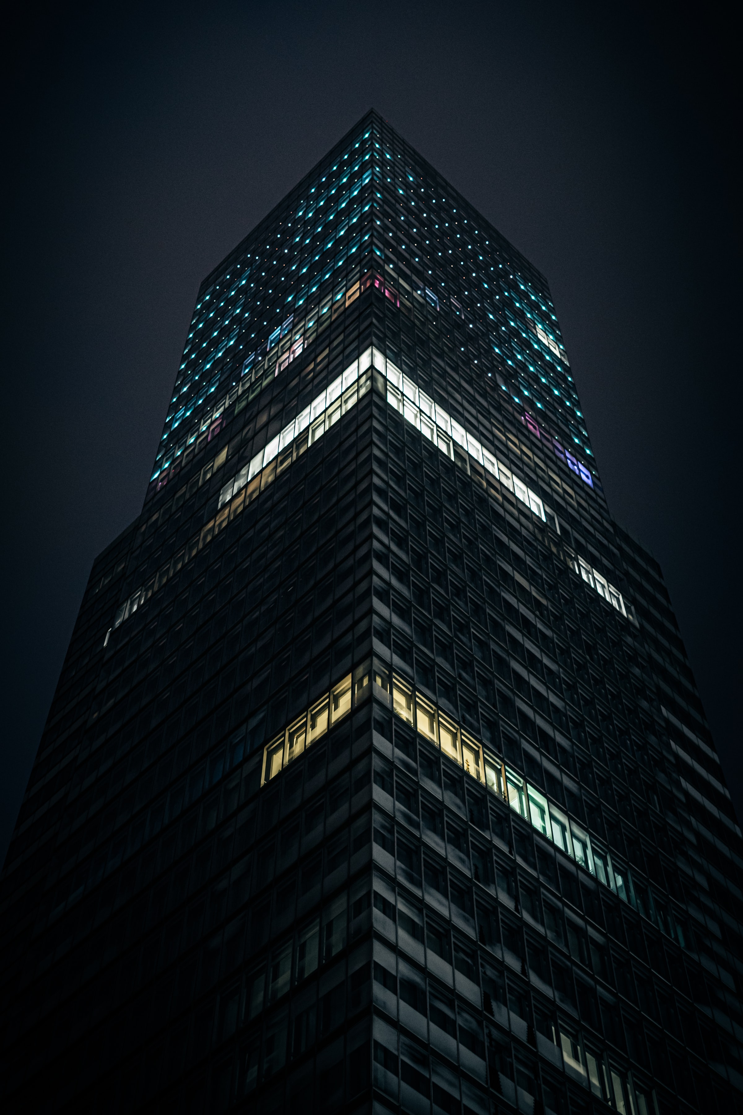 Download mobile wallpaper Facade, Bottom View, Lights, Cities, Building, Night for free.