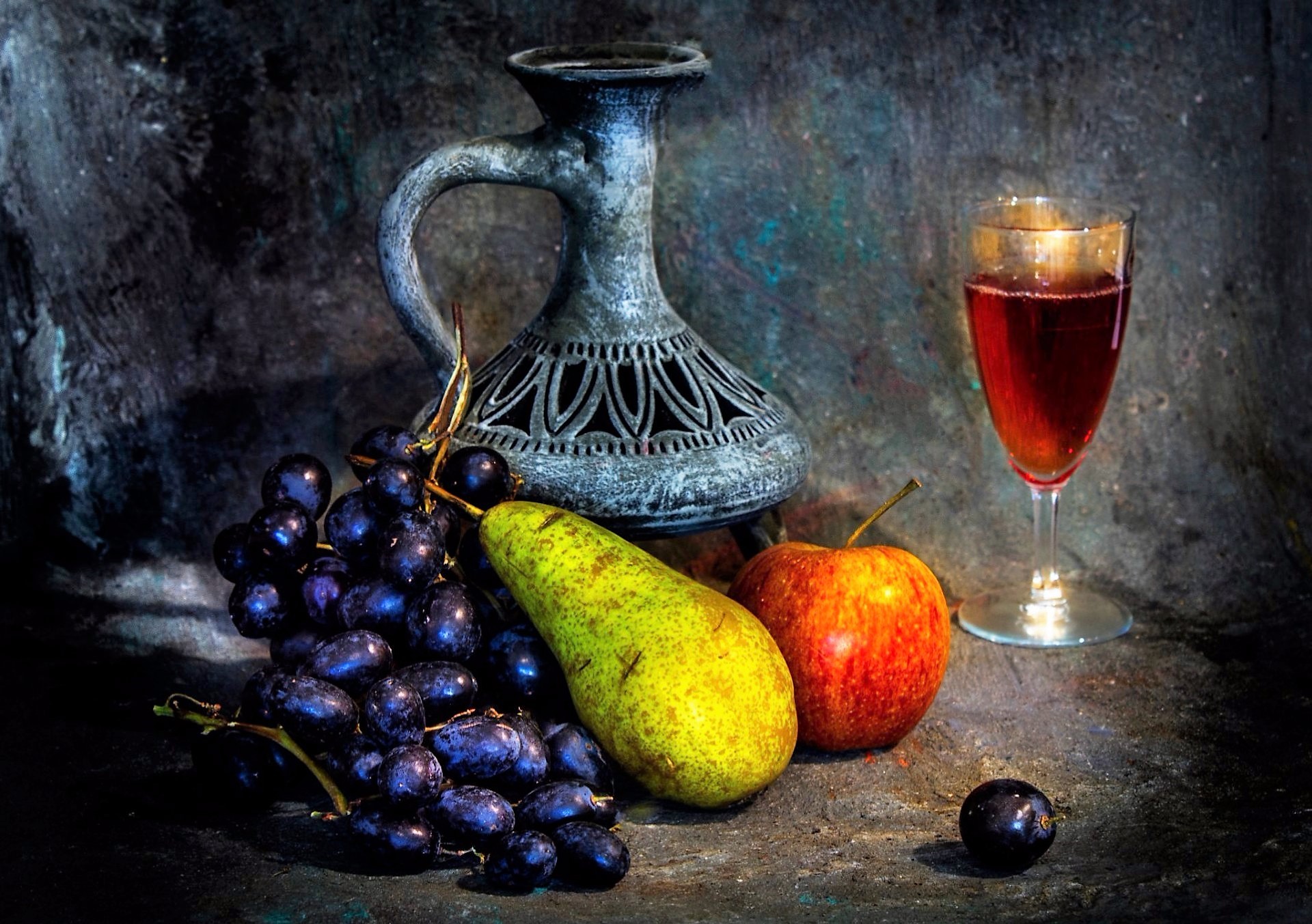 Download mobile wallpaper Apple, Grapes, Still Life, Photography, Pear, Wine, Pitcher for free.