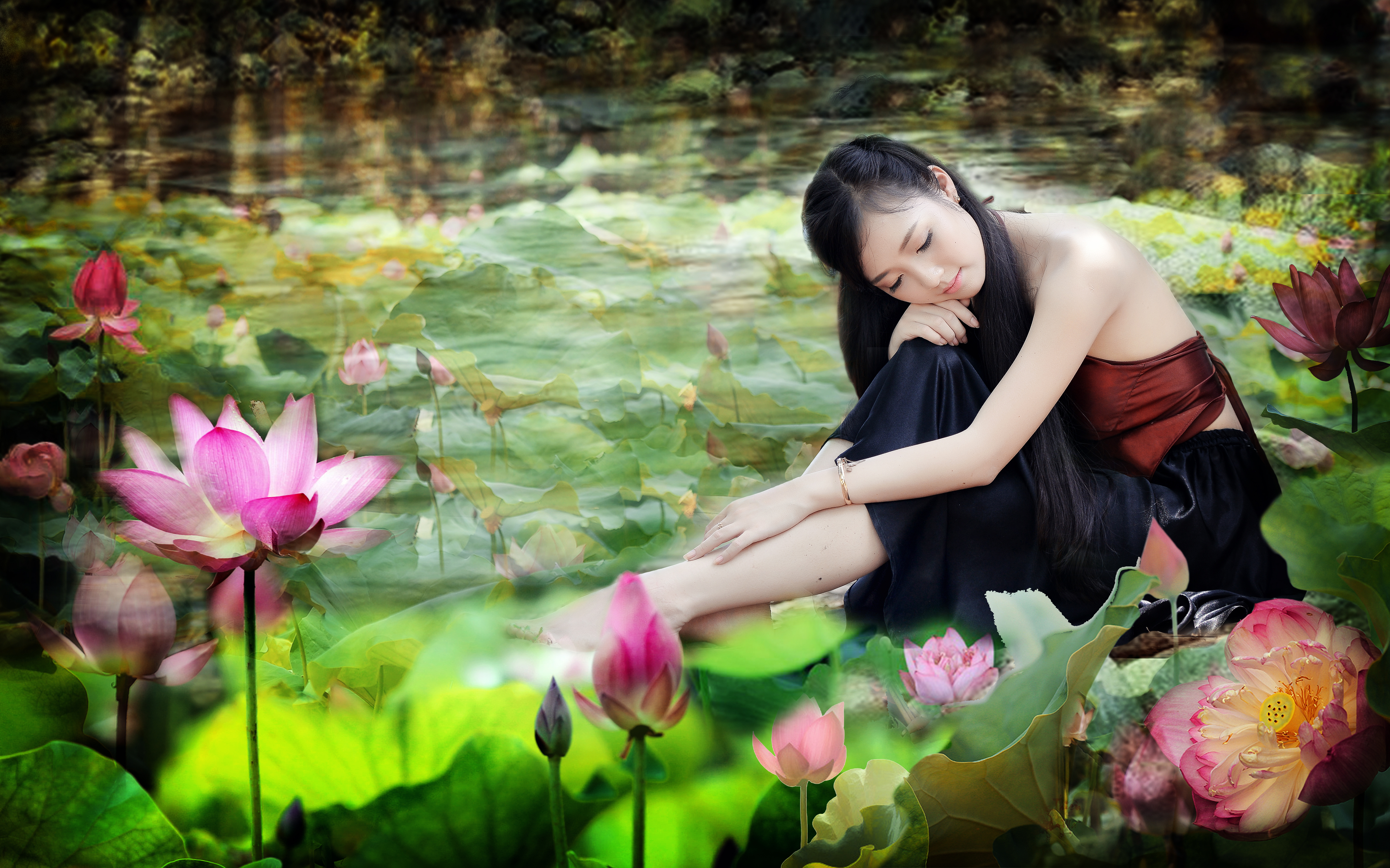 1522858 descargar fondo de pantalla mujeres, asiática, flor, loto, estanque, vietnamita: protectores de pantalla e imágenes gratis