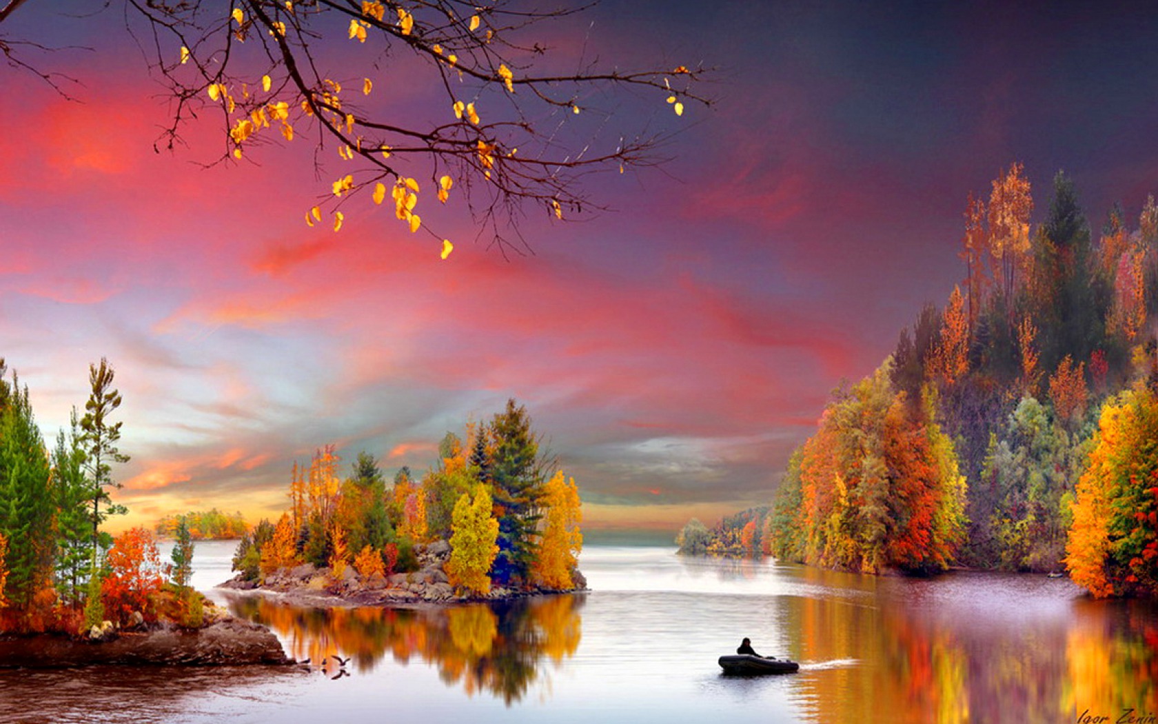 Handy-Wallpaper Herbst, Seen, See, Wald, Baum, Boot, Insel, Sonnenuntergang, Erde/natur kostenlos herunterladen.